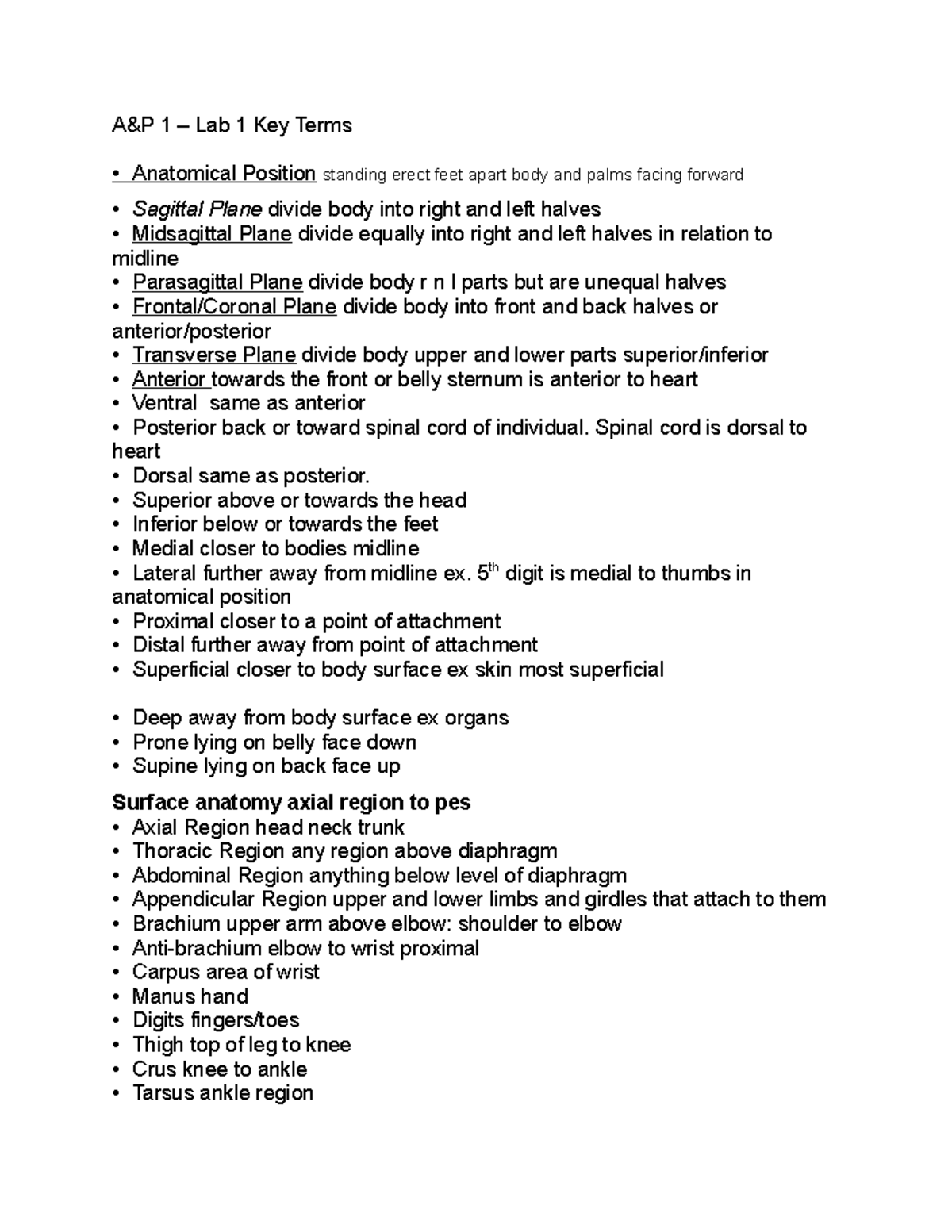 Lab 1 - lab - A&P 1 – Lab 1 Key Terms Anatomical Position standing ...