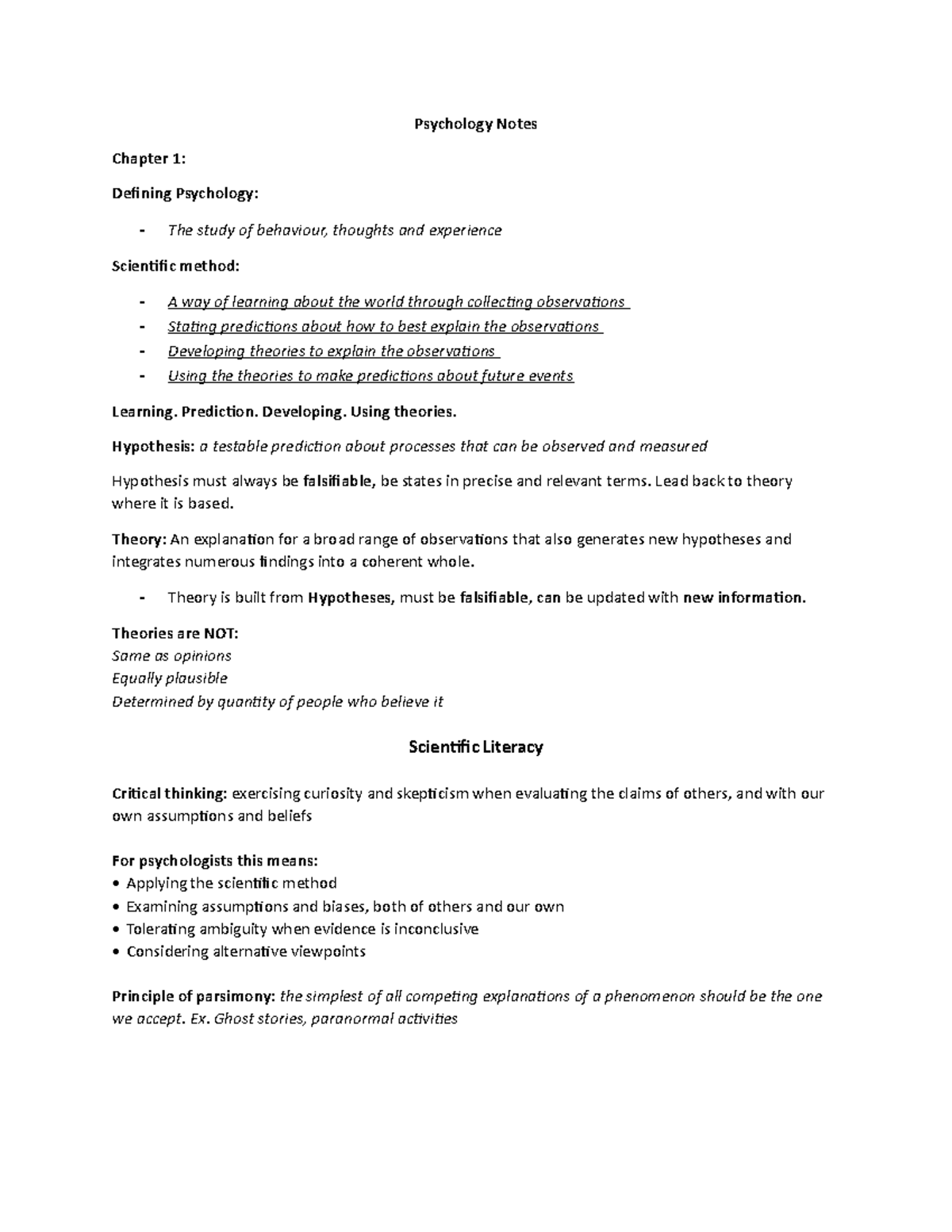 Psychology Notes Chapter 1 - Psychology Notes Chapter 1: Defining ...