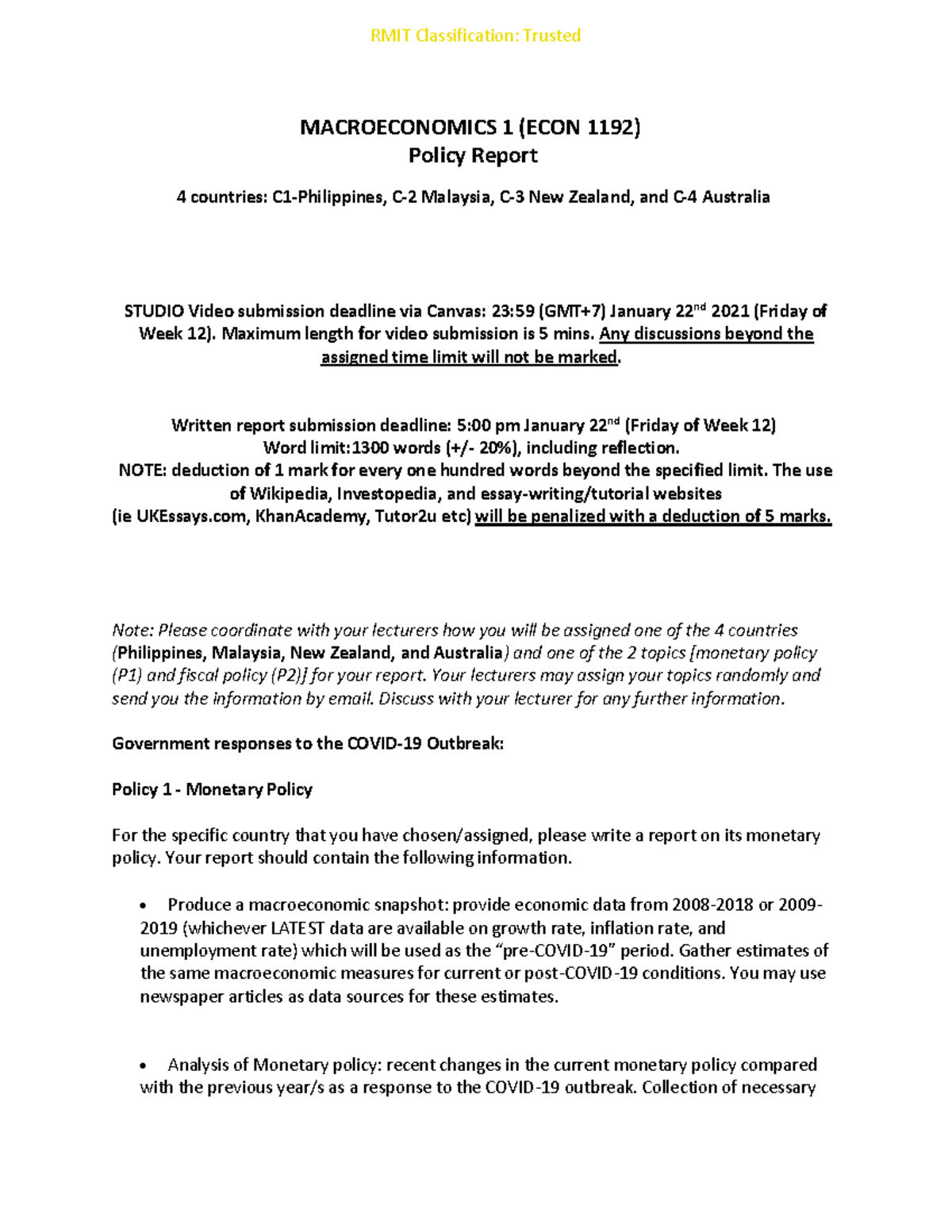 Final Assessment ECON1192 2020 C - MACROECONOMICS 1 (ECON 1192) Policy ...