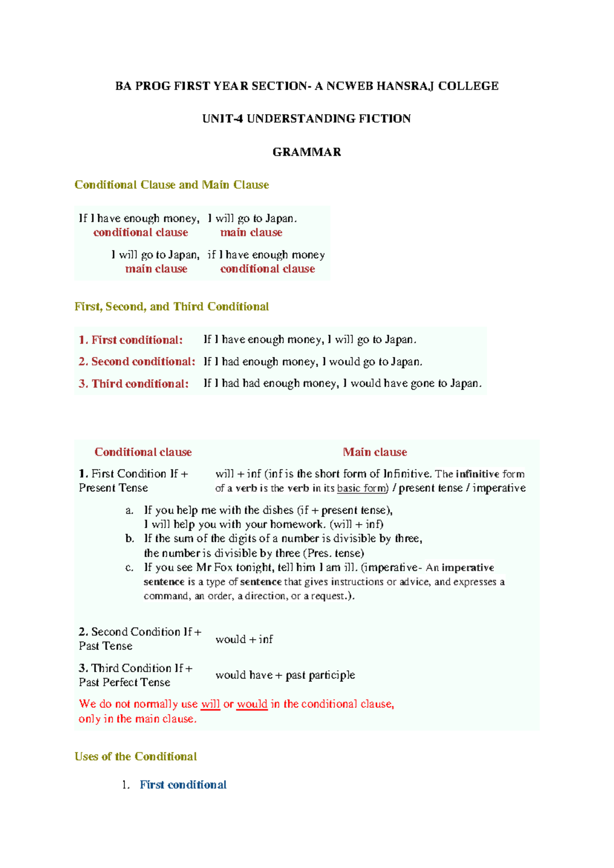 Conditional Clause, Imperitive, Transition - BA PROG FIRST YEAR SECTION ...