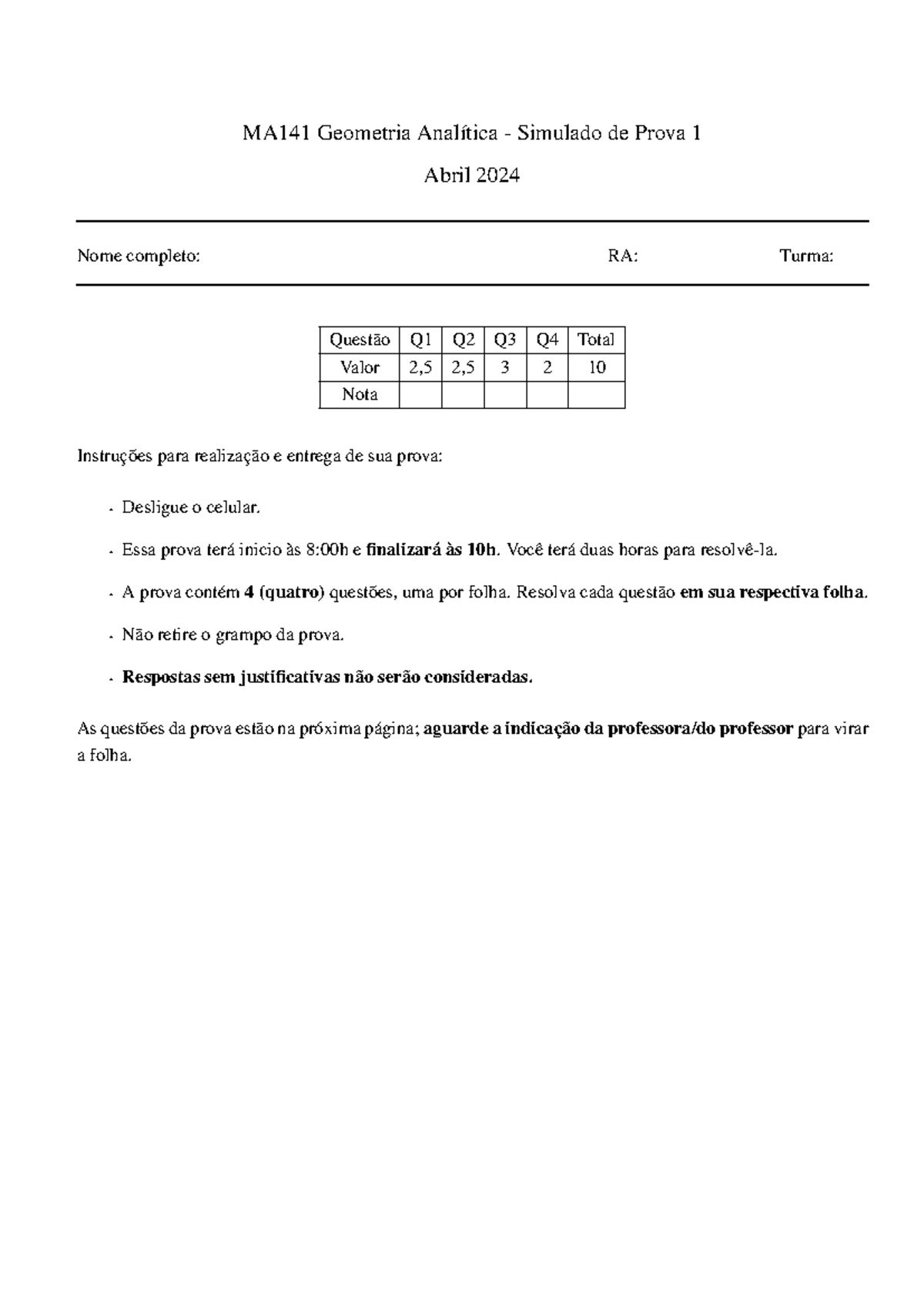 P1 simulado GA - MA141 Geometria Analítica - Simulado de Prova 1 Abril ...