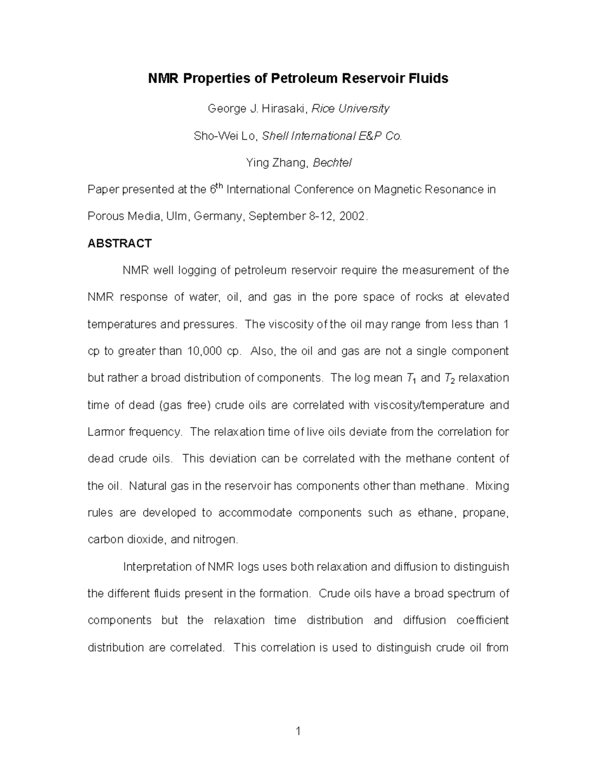 NMR Fluid NMR Properties of Petroleum Reservoir Fluids J