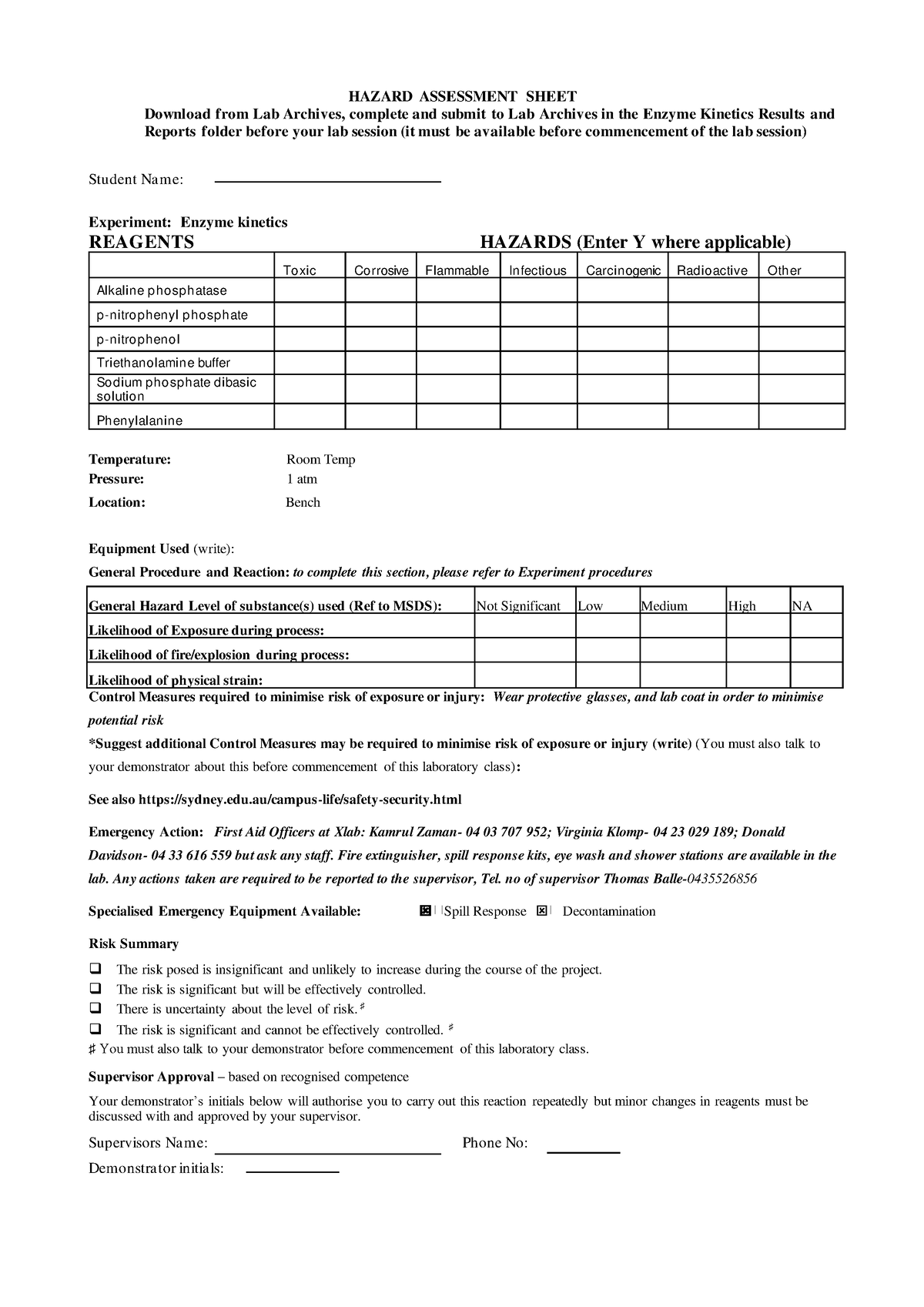 Hazard assess - HAZARD ASSESSMENT SHEET Download from Lab Archives ...