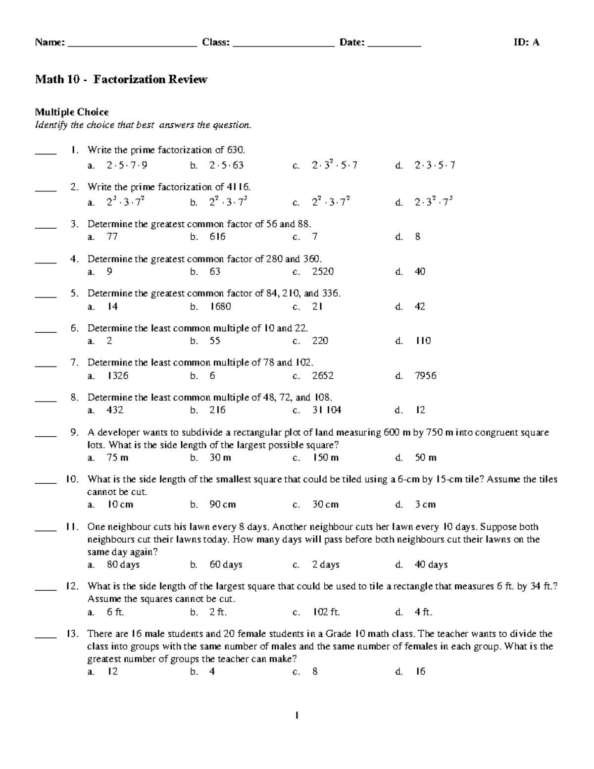 practice-test-math-grade-10-factorization-review-name