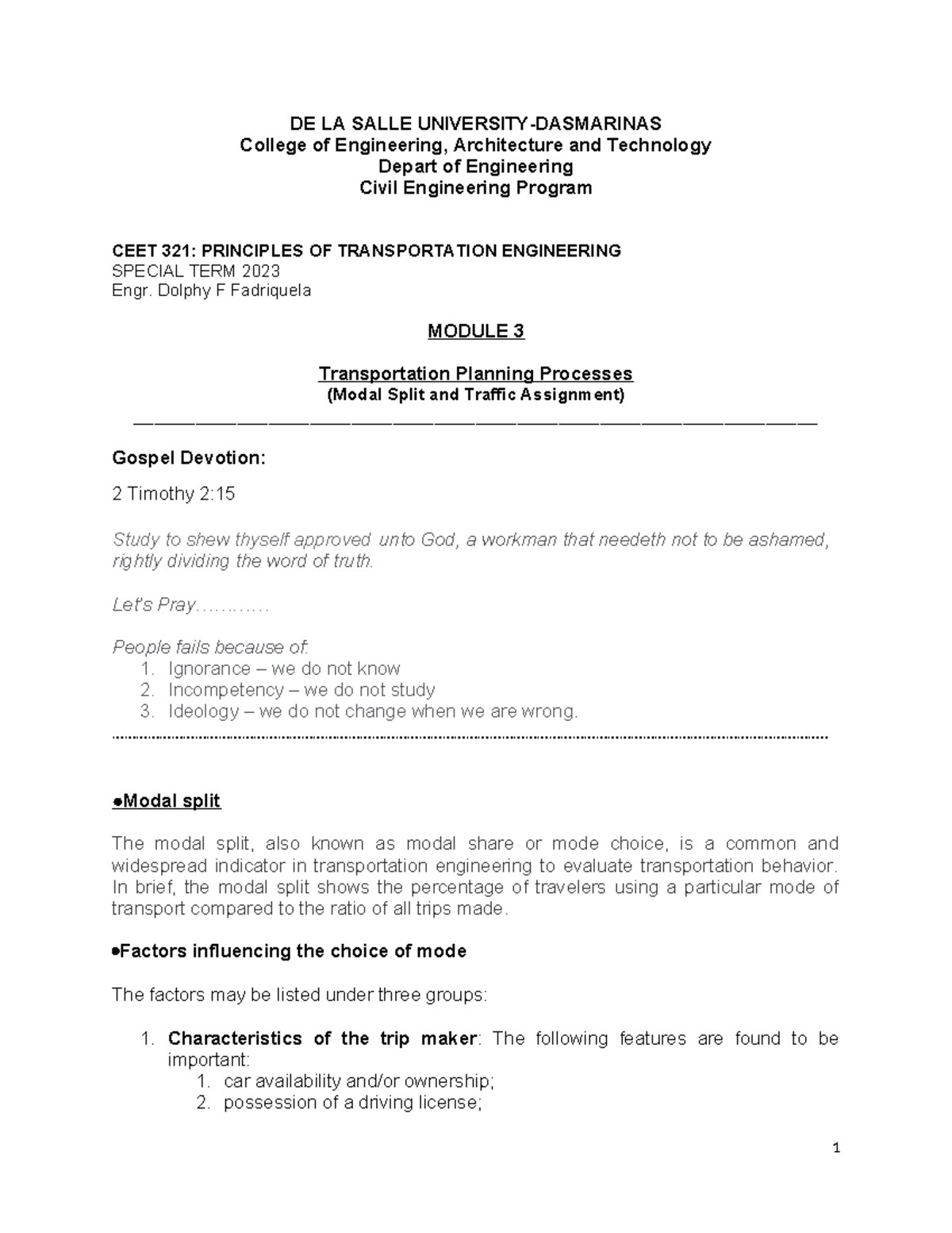 Module 3 Traffic Assign Modal Split - DE LA SALLE UNIVERSITY-DASMARINAS ...