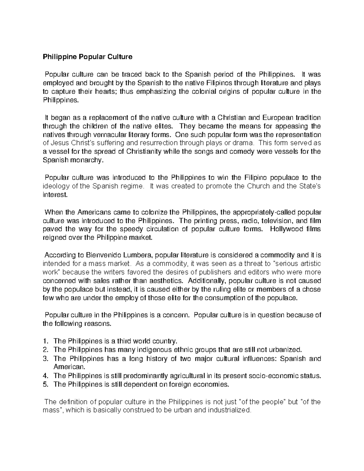 What Is Philippine Popular Culture Essay