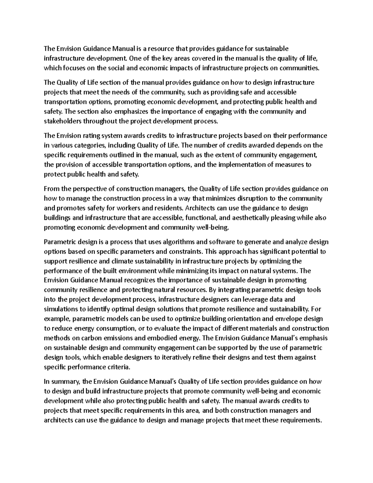 Quality of Life Summary The Envision Guidance Manual Is A Resource