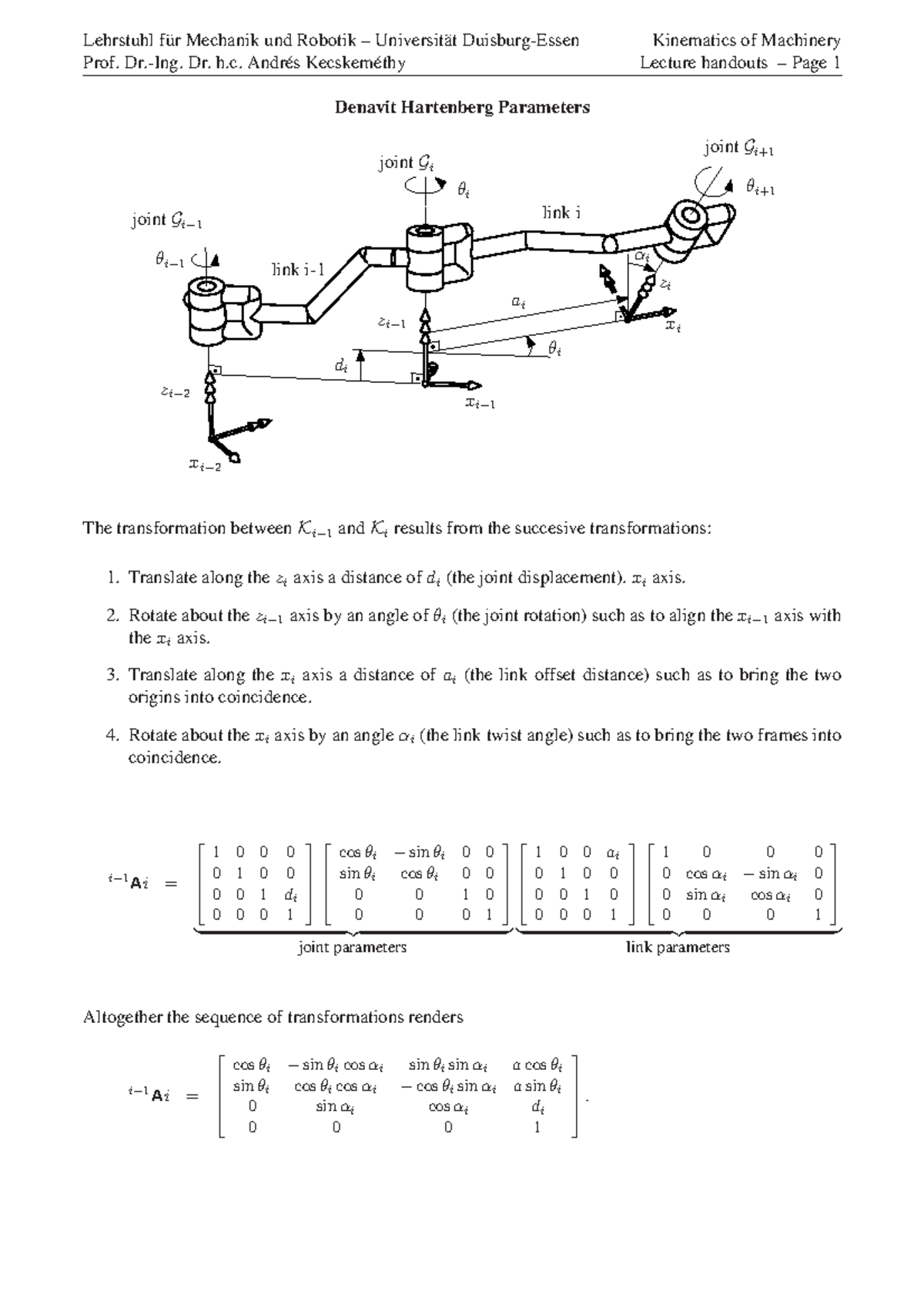 Denavit Hartenberg - Summaries Of Used Table - Kinematics Of Mechanisms ...