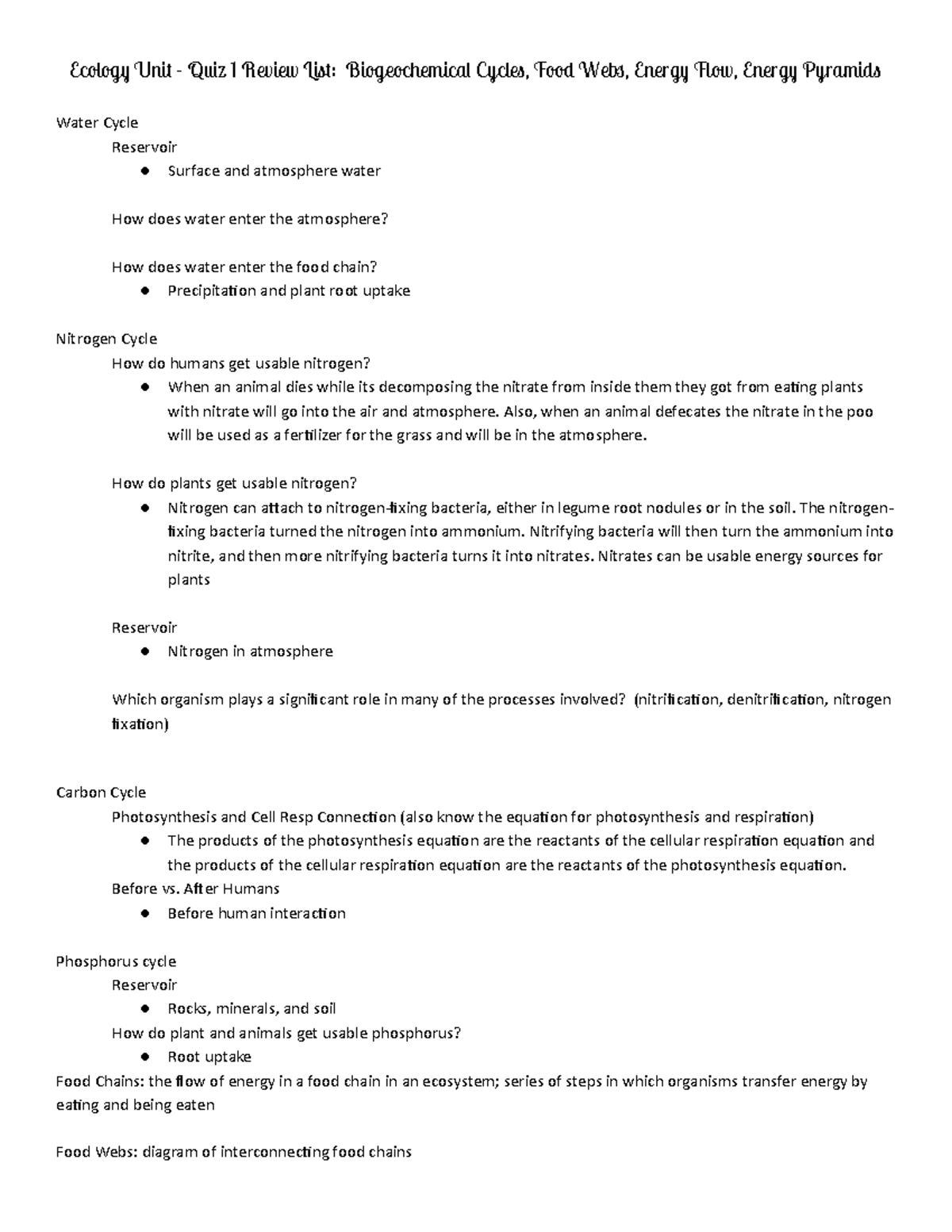 Ecology Unit Review List - Ecology Unit - Quiz 1 Review List ...
