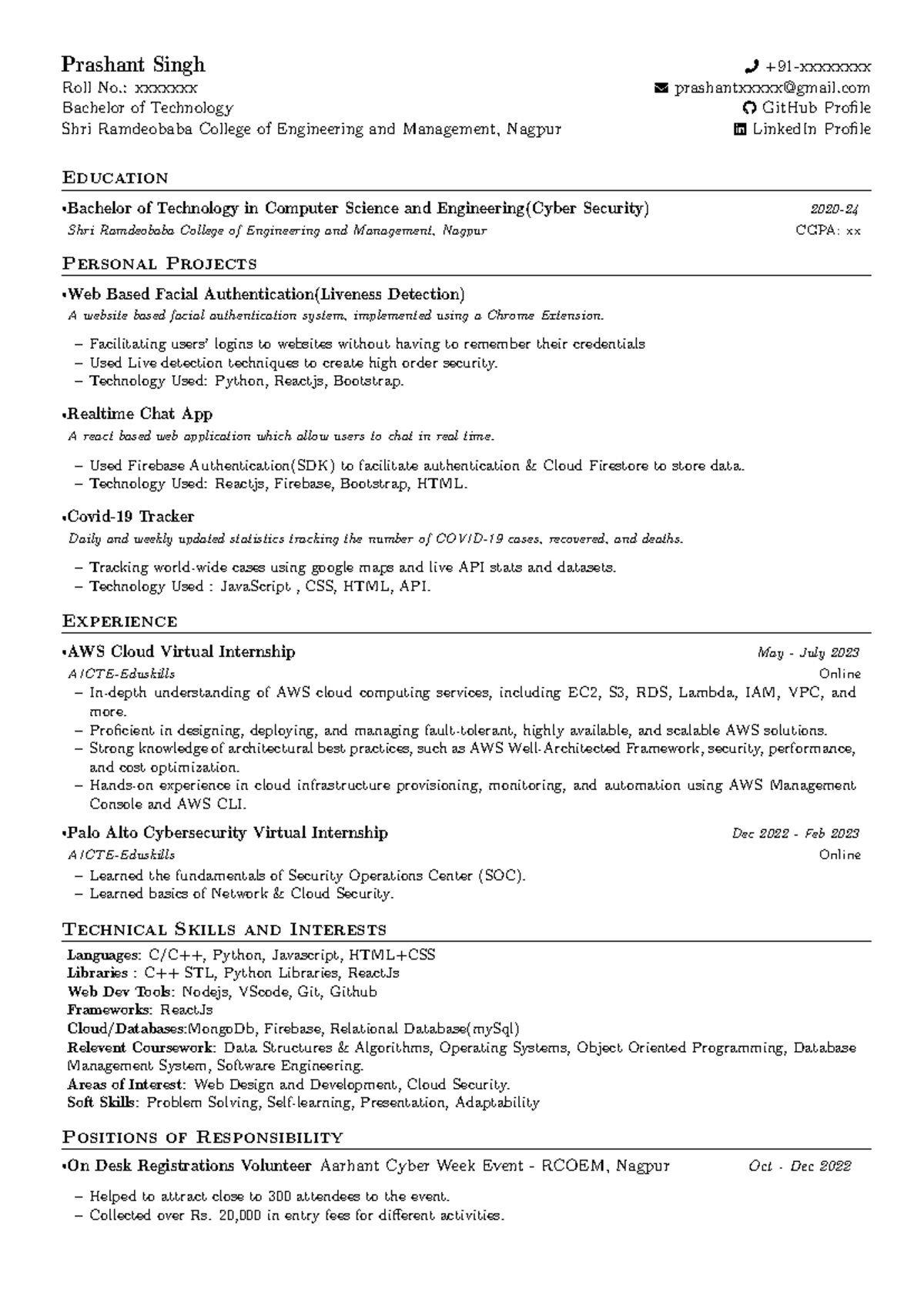 70 ATS rating Resume Template 2 - Prashant Singh +91-xxxxxxxx Roll No ...