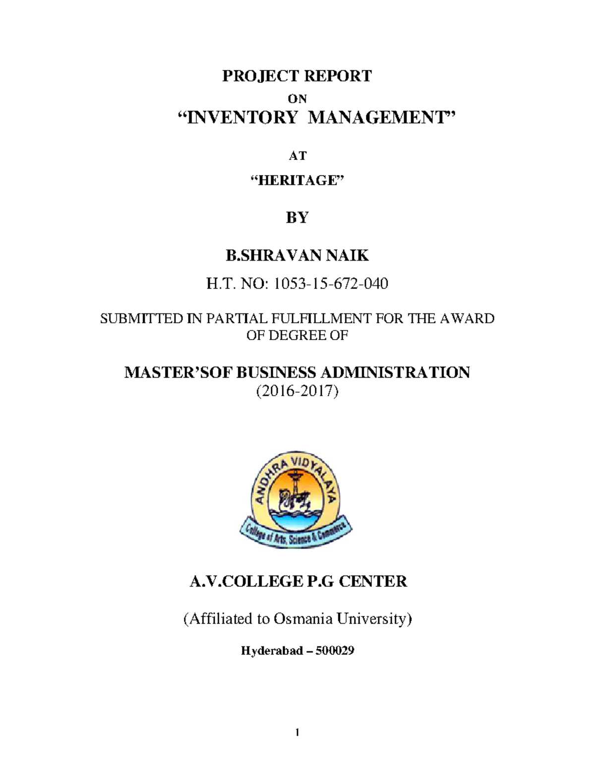 561242951 Inventory Management at Heritage - PROJECT REPORT ON ...