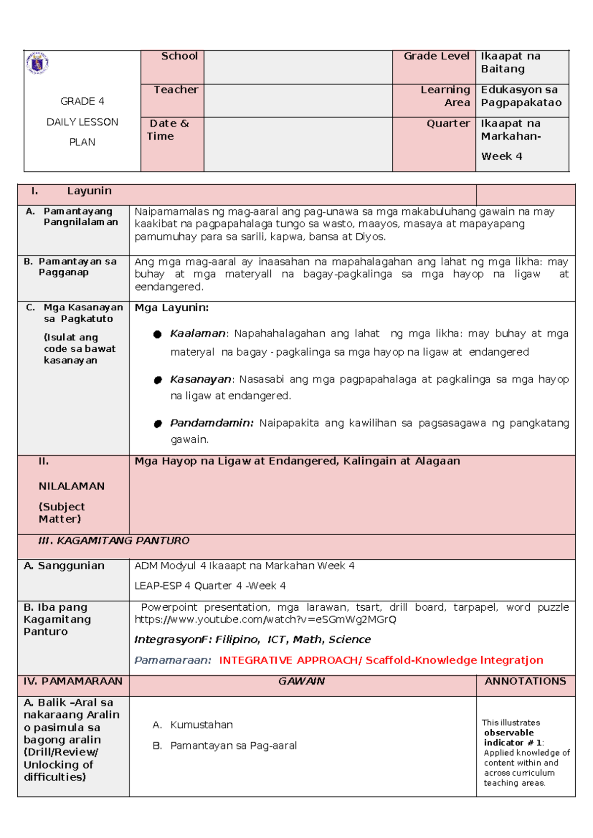 COT- ESP 4 Q4 W4 - GRADE 4 DAILY LESSON PLAN School Grade Level Ikaapat ...