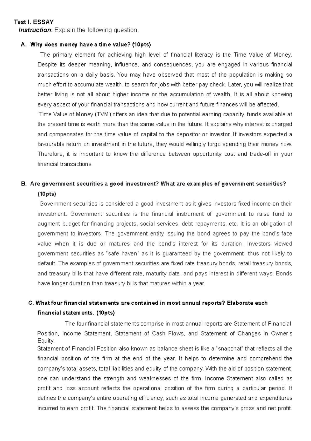 Public Finance Final EXAM Test I. ESSAY Instruction Explain the