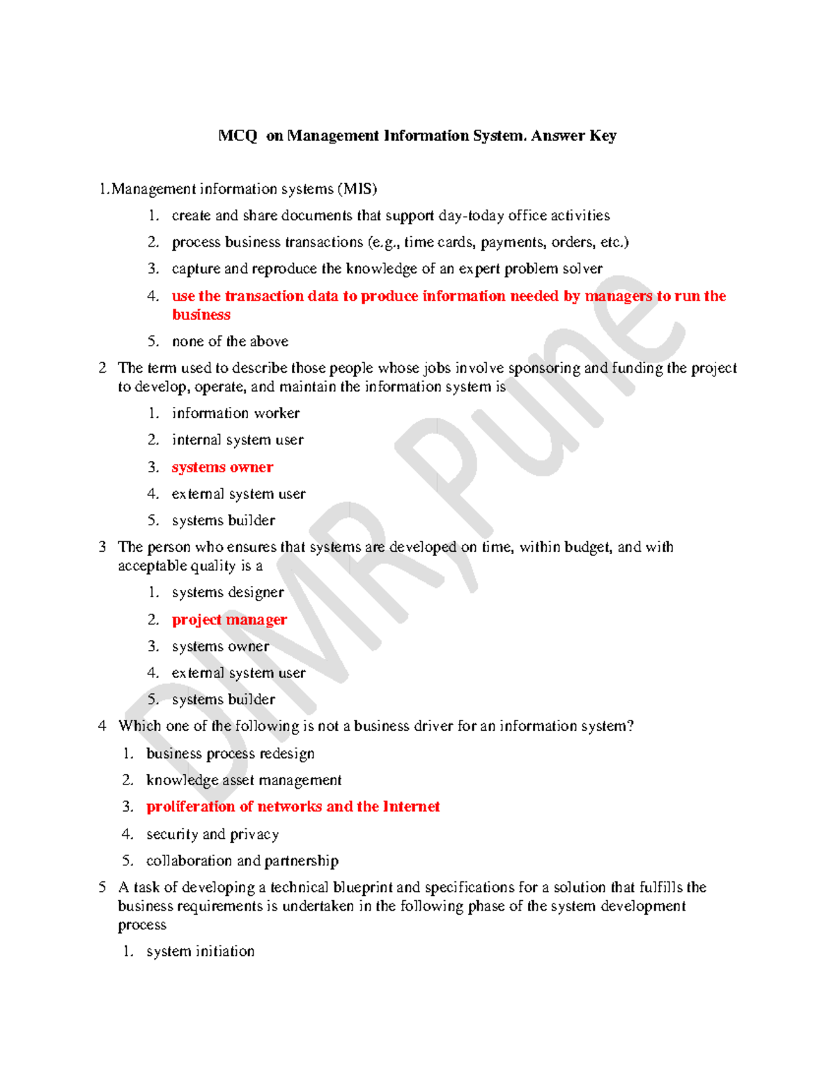 MCQ on Management Information System Ans - Answer Key 1 information ...