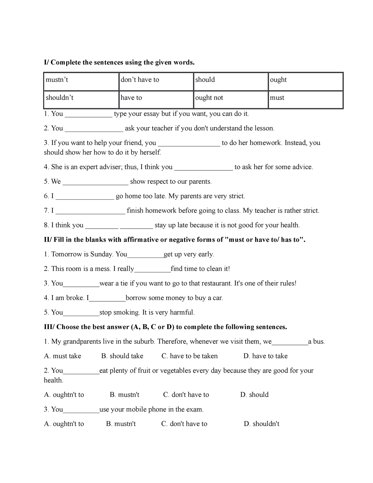 Test 2 - fafafd - I/ Complete the sentences using the given words ...