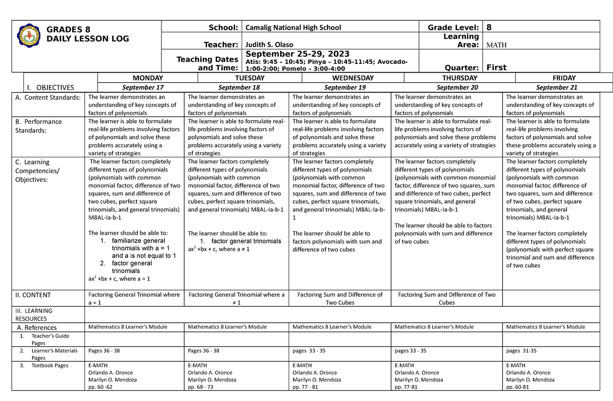 DLL MATH Sept 25 - 29 - Daily Log Lesson Plan - GRADES 8 DAILY LESSON ...