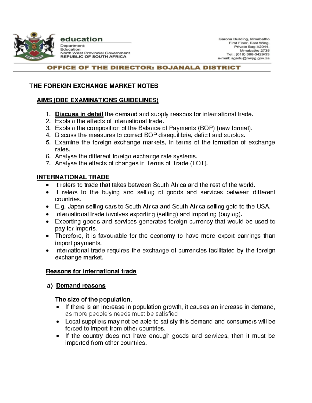 Business environment - THE FOREIGN EXCHANGE MARKET NOTES AIMS (DBE ...