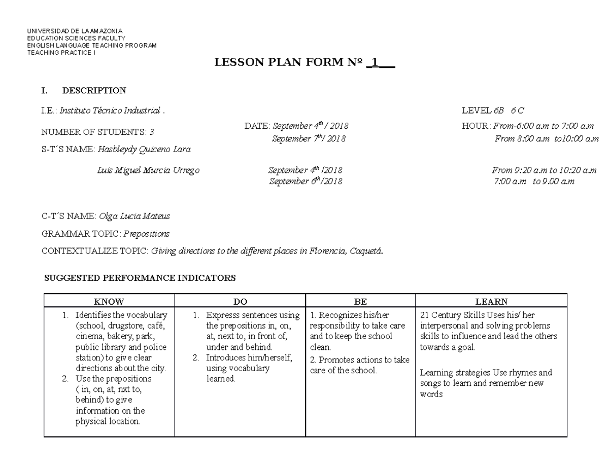 TP Lesson PLAN 1 - UNIVERSIDAD DE LA AMAZONIA EDUCATION SCIENCES ...