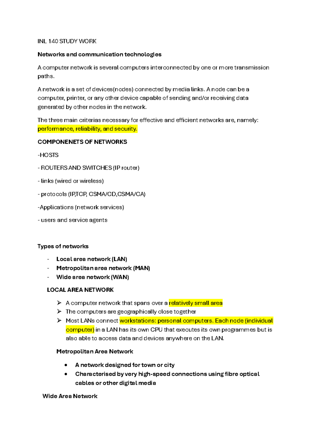 INL 140 Study WORK - INL 140 Chapter 4 - INL 140 STUDY WORK Networks ...