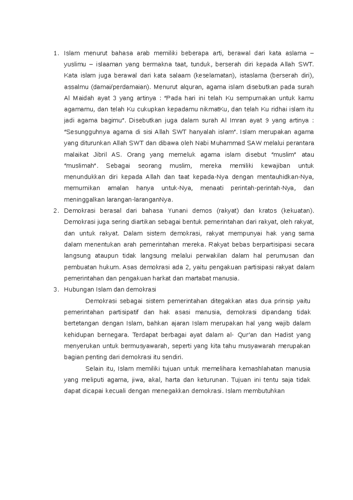 Menjawab Islam dan demokrasi Islam menurut bahasa arab memiliki