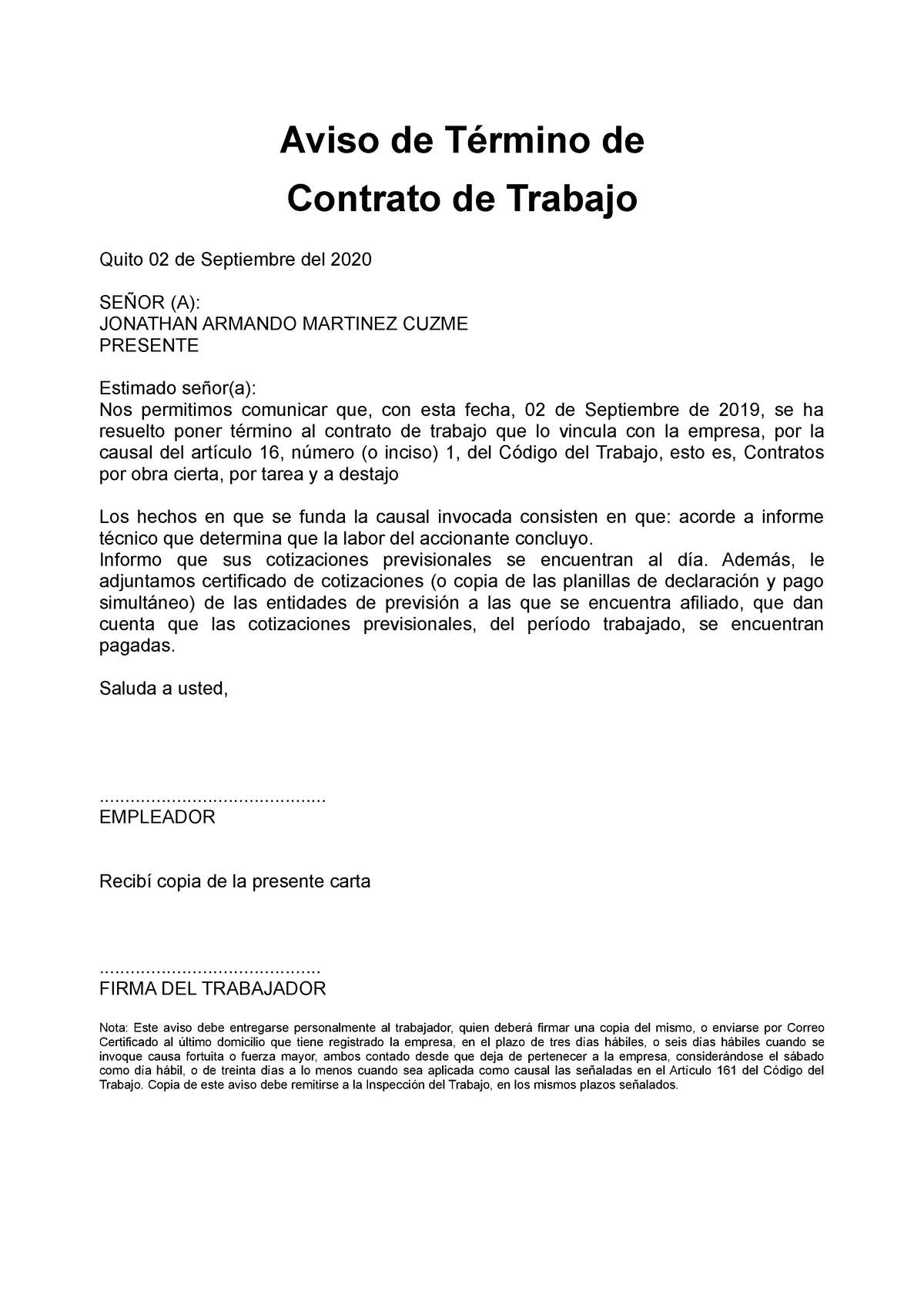 Aviso termino de contrato Aviso de Término de Contrato de Trabajo Quito de Septiembre del