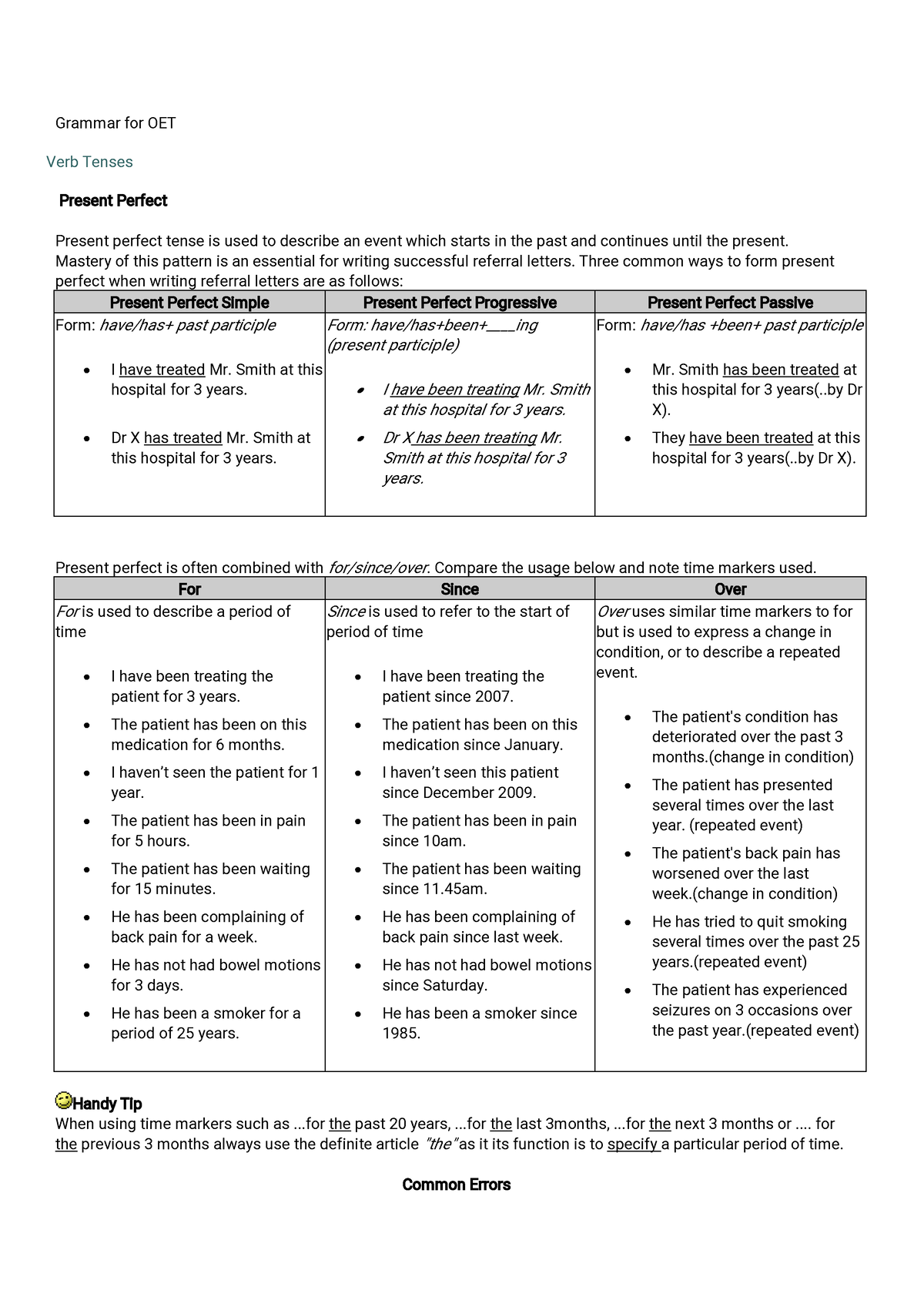 Oet grammer - Grammar for OET Verb Tenses Present Perfect Present ...