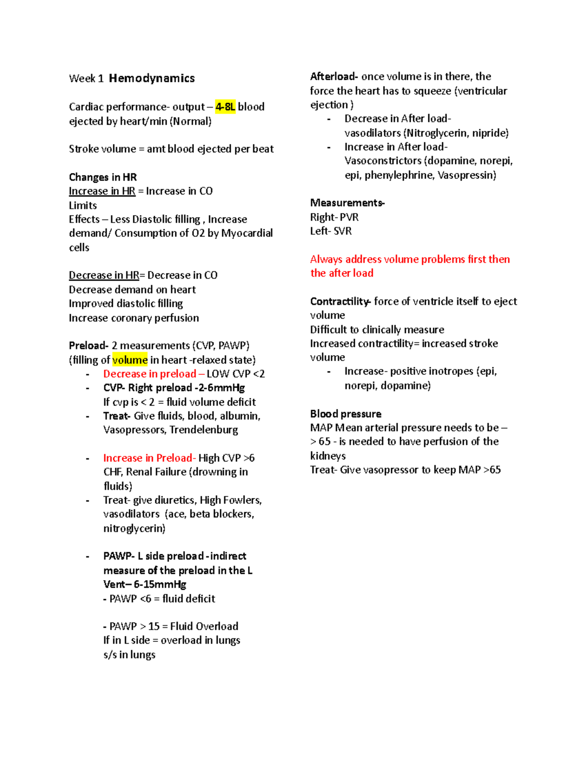 Week 1 Hemodynamics - Notes for test 1 - Week 1 Hemodynamics Cardiac ...