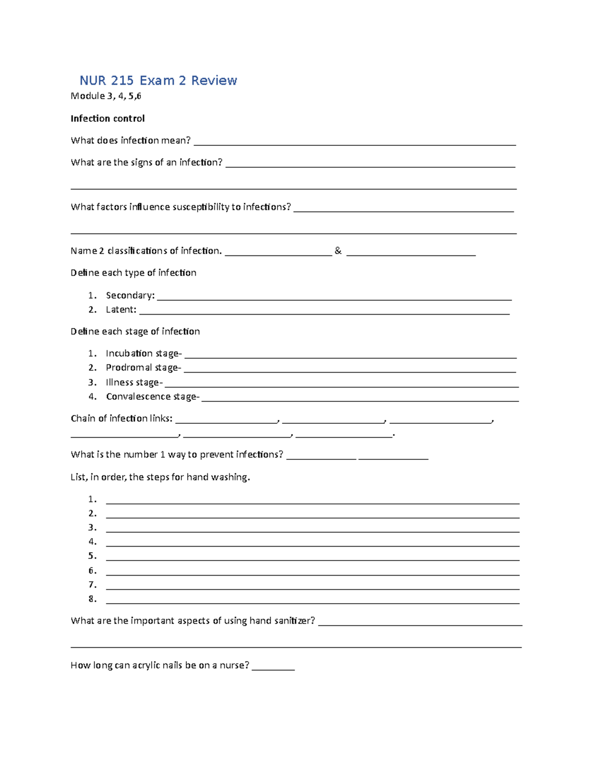 215 student exam 2 outline worksheet - NUR 215 Exam 2 Review Module 3 ...