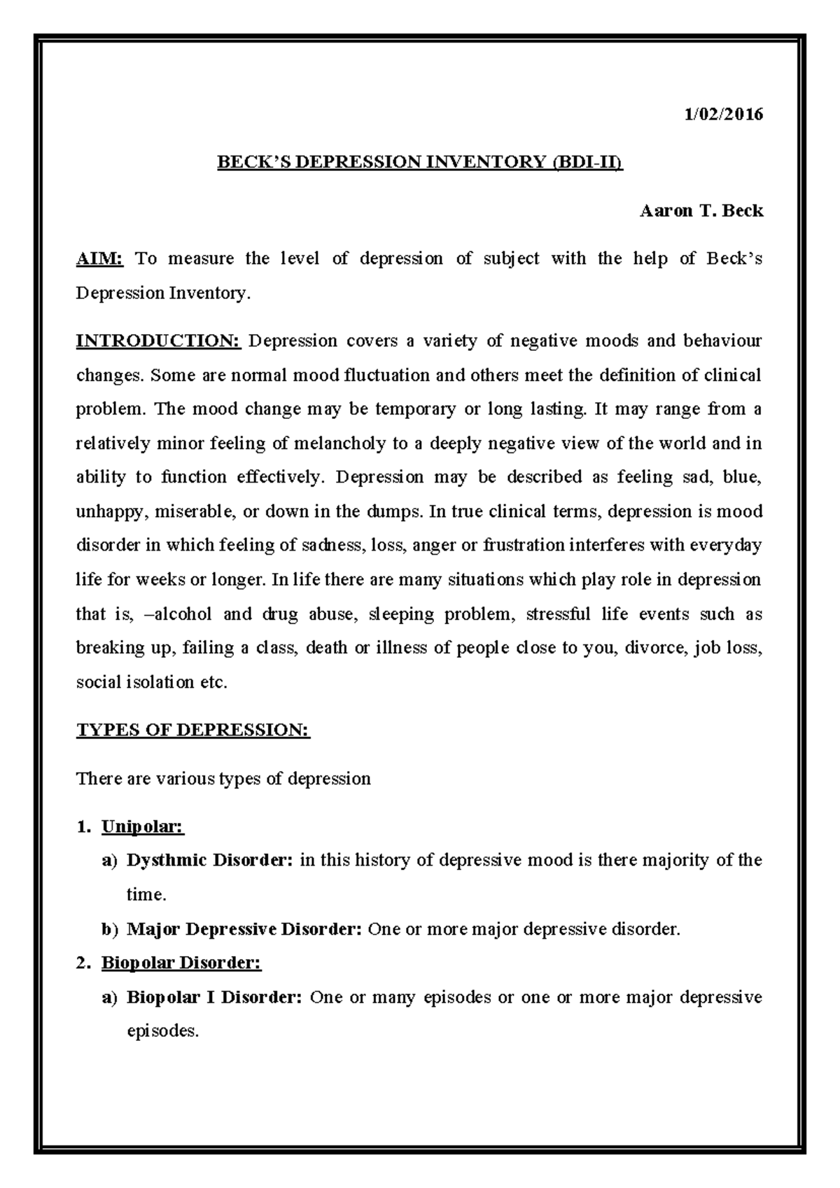 BDI-II Practical 1 - BECK DEPRESSION INVENTORY - 1/02/ BECK’S ...