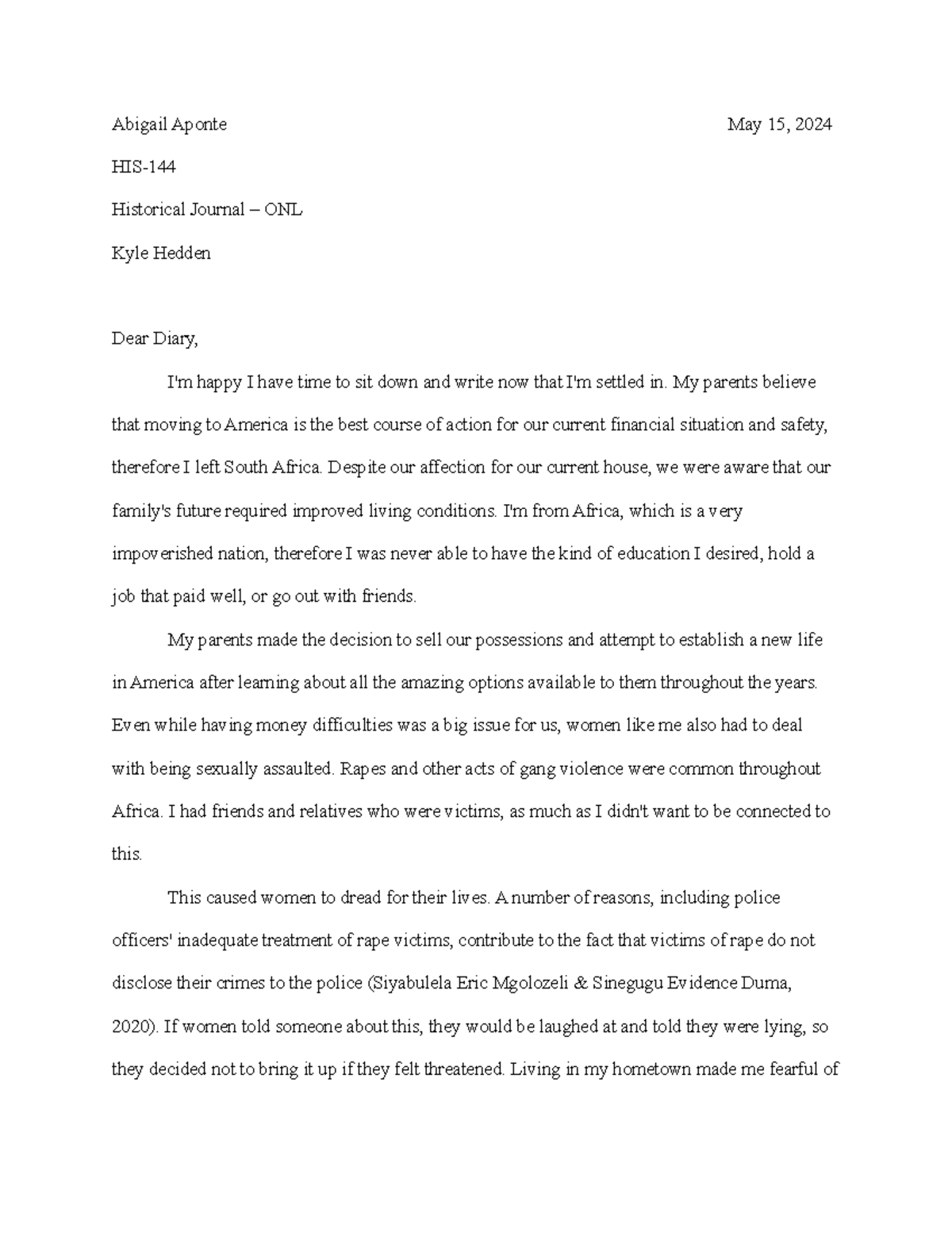 Historical Journal - Abigail Aponte May 15, 2024 HIS- Historical ...