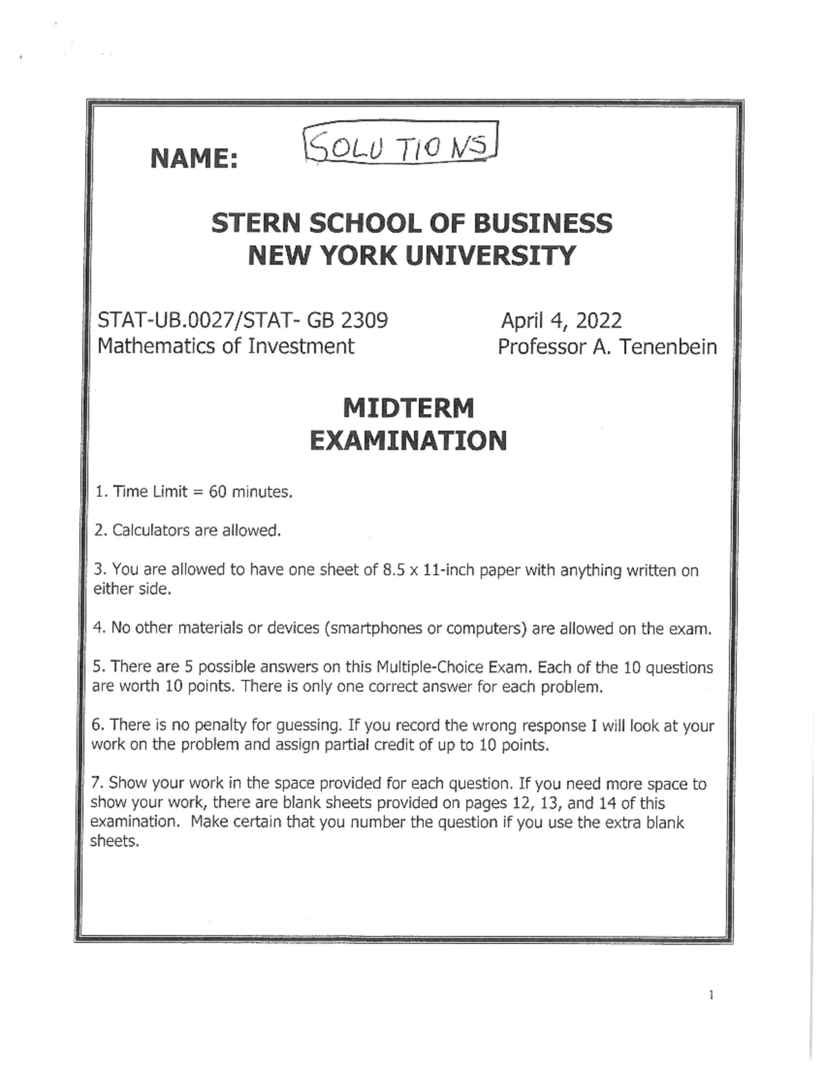 Midterm Solutions - STAT2309 - Studocu