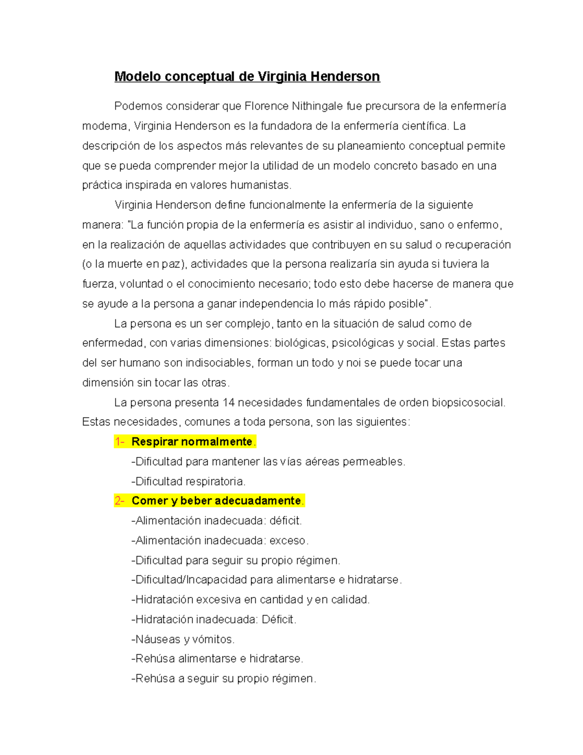 Modelo conceptual de Virginia Henderson - La descripción de los aspectos  más relevantes de su - Studocu