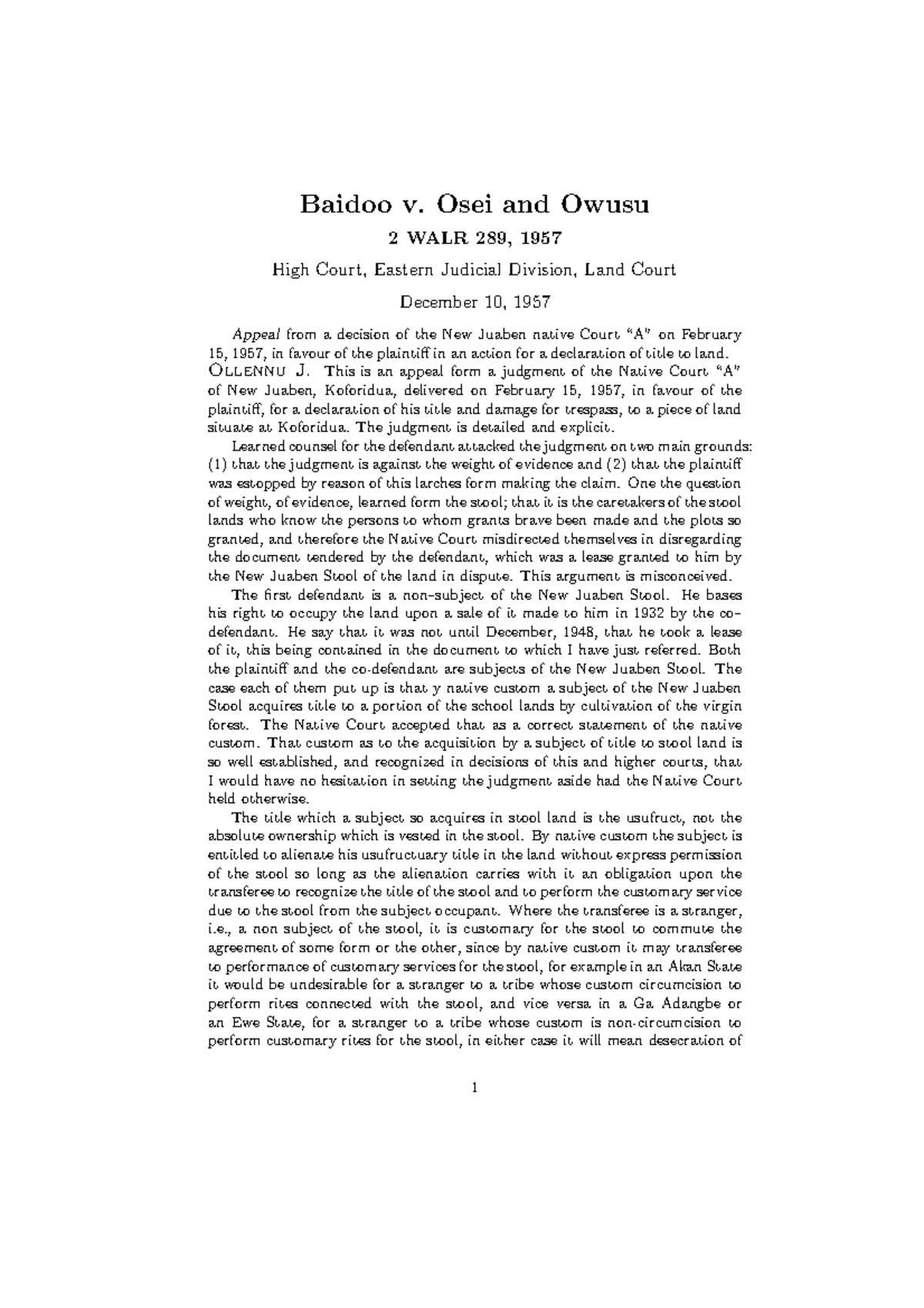 Baidoo Case law on immovable property in Ghana Baidoo v. Osei and
