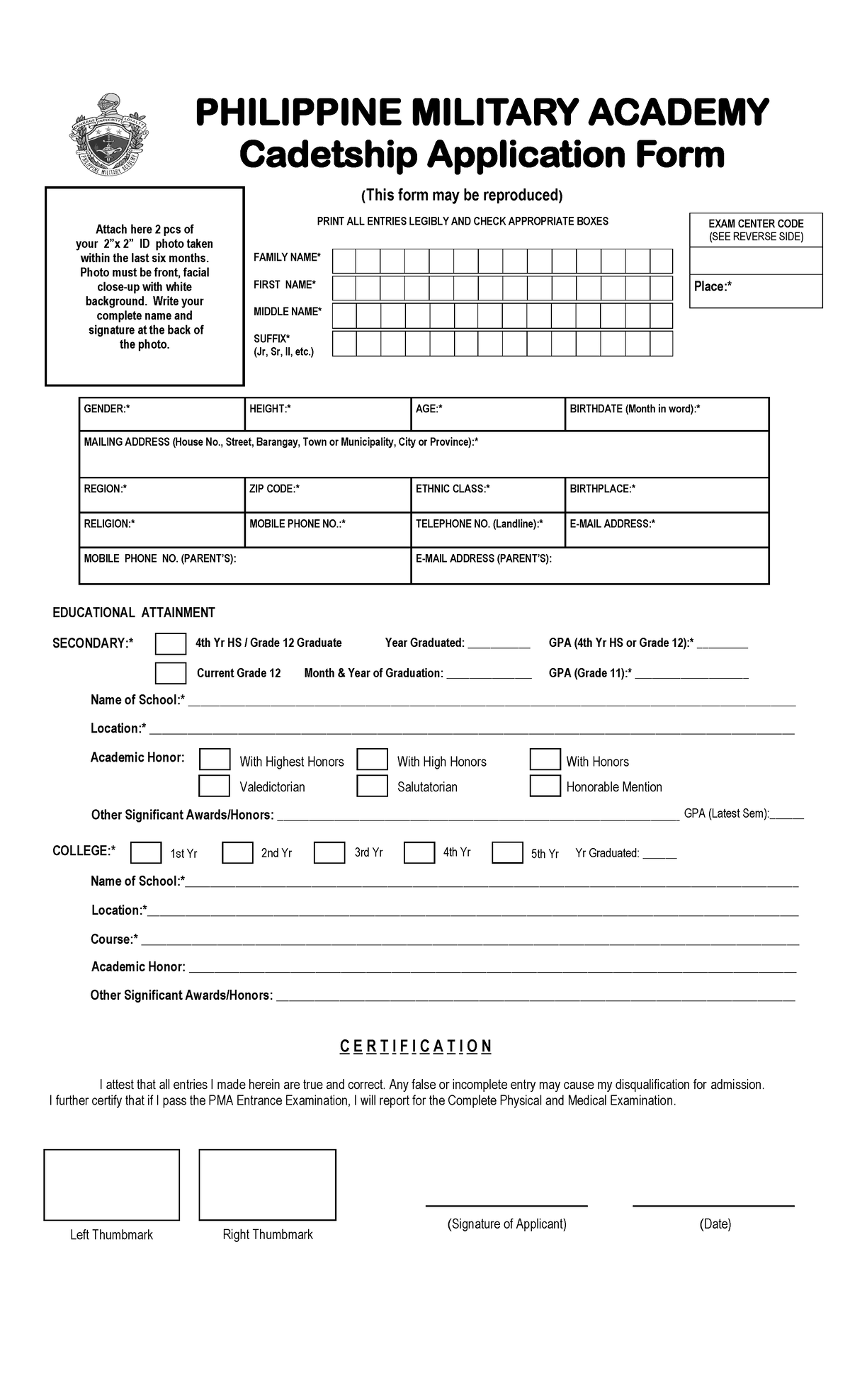 Pmaee Application FORM 2022 - Academic Honor: PHILIPPINE MILITARY ...