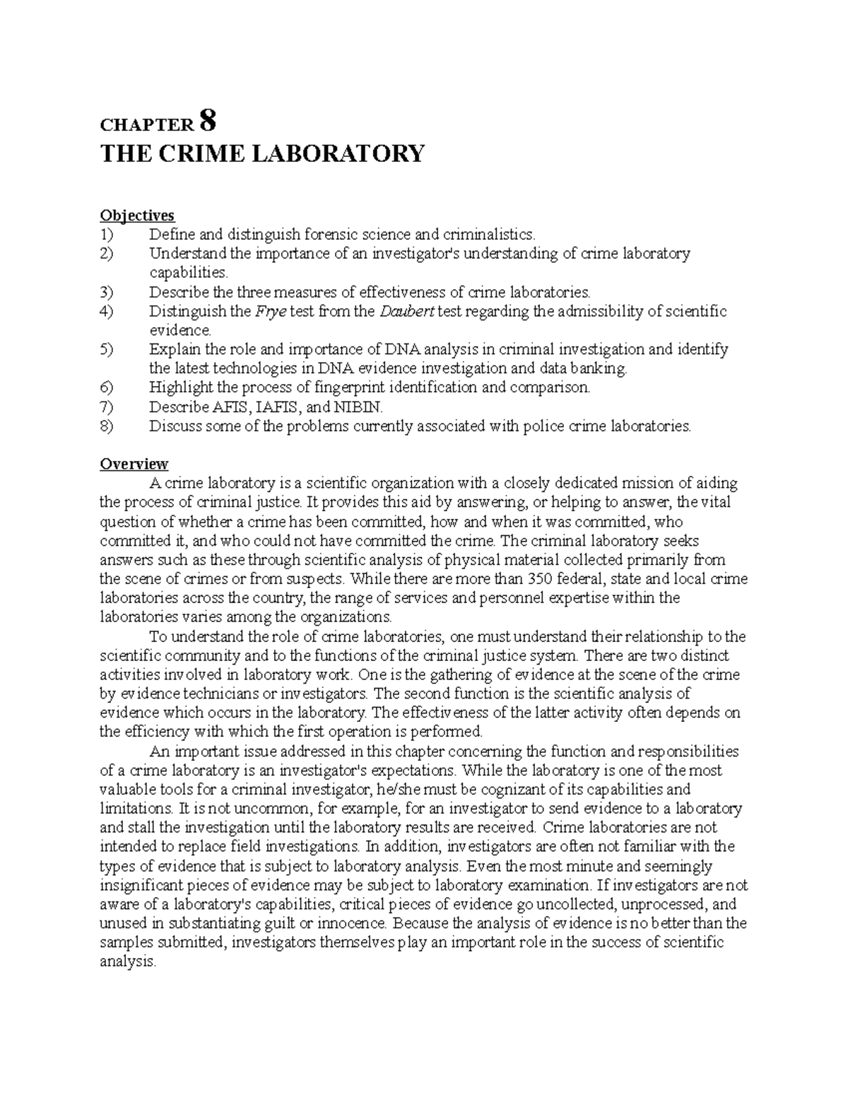 Lecture Chapter 8 The Crime Lab CHAPTER 8 THE CRIME LABORATORY Objectives Define and