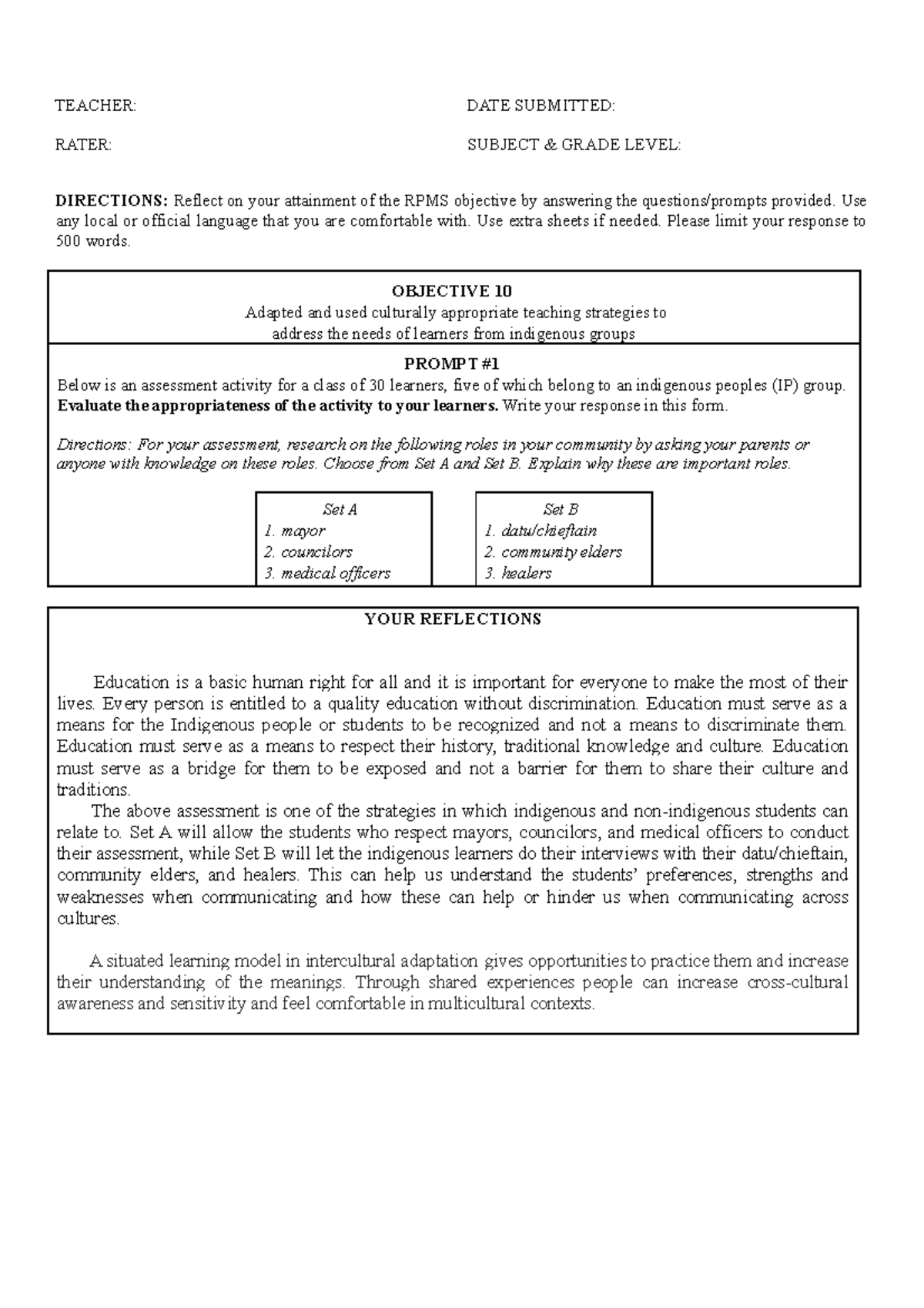 TRF Objective 10 - RPMS - TEACHER: DATE SUBMITTED: RATER: SUBJECT ...