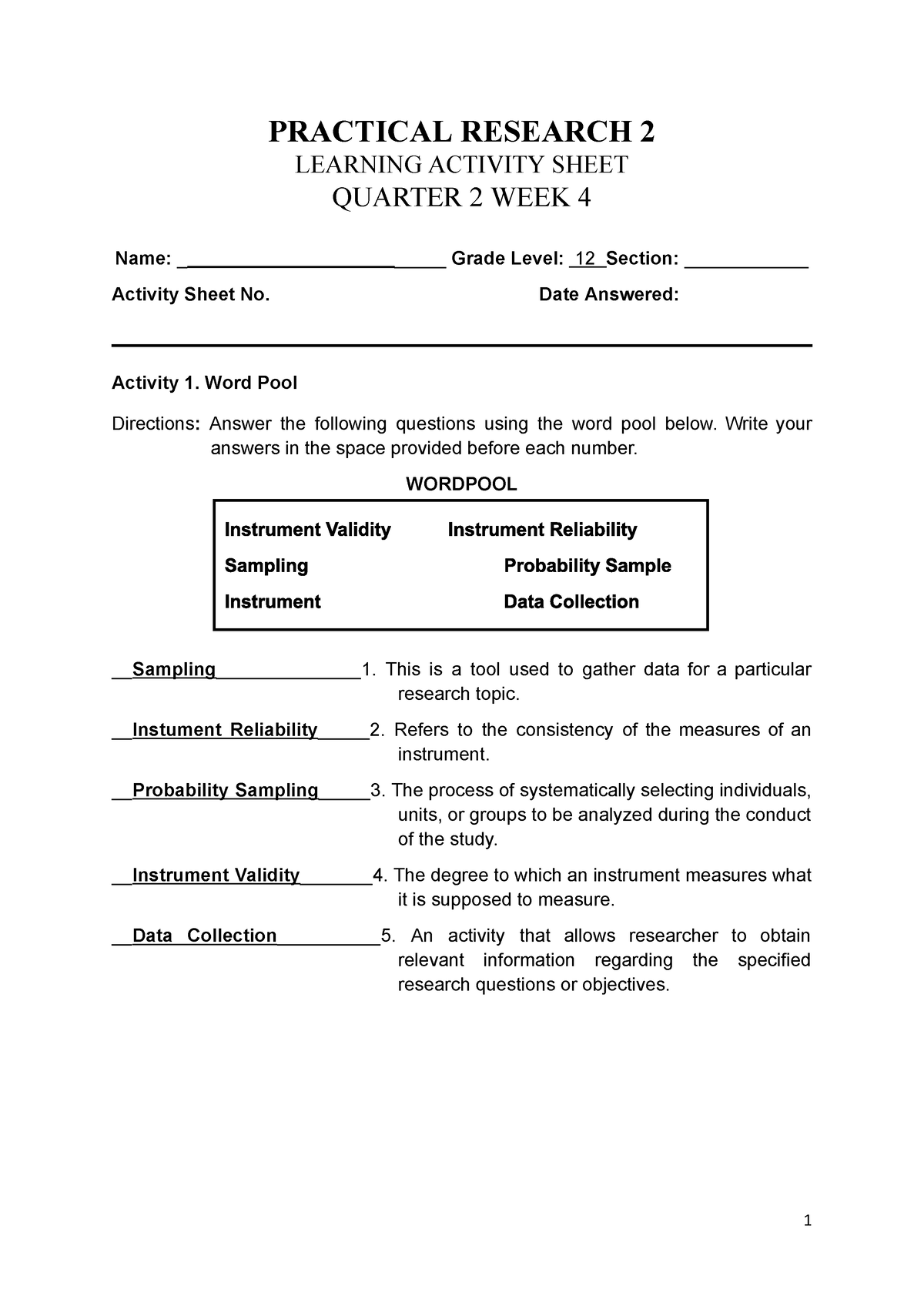 Pr2g12q2w4 Quarter 4 Assignments Practical Research 2 Learning Activity Sheet Quarter 2 6570