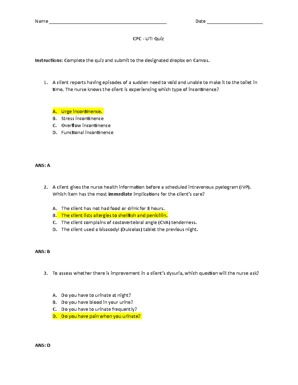 Uti Quiz For Older Adults - Cpc - Uti Quiz Instructions: Complete The 