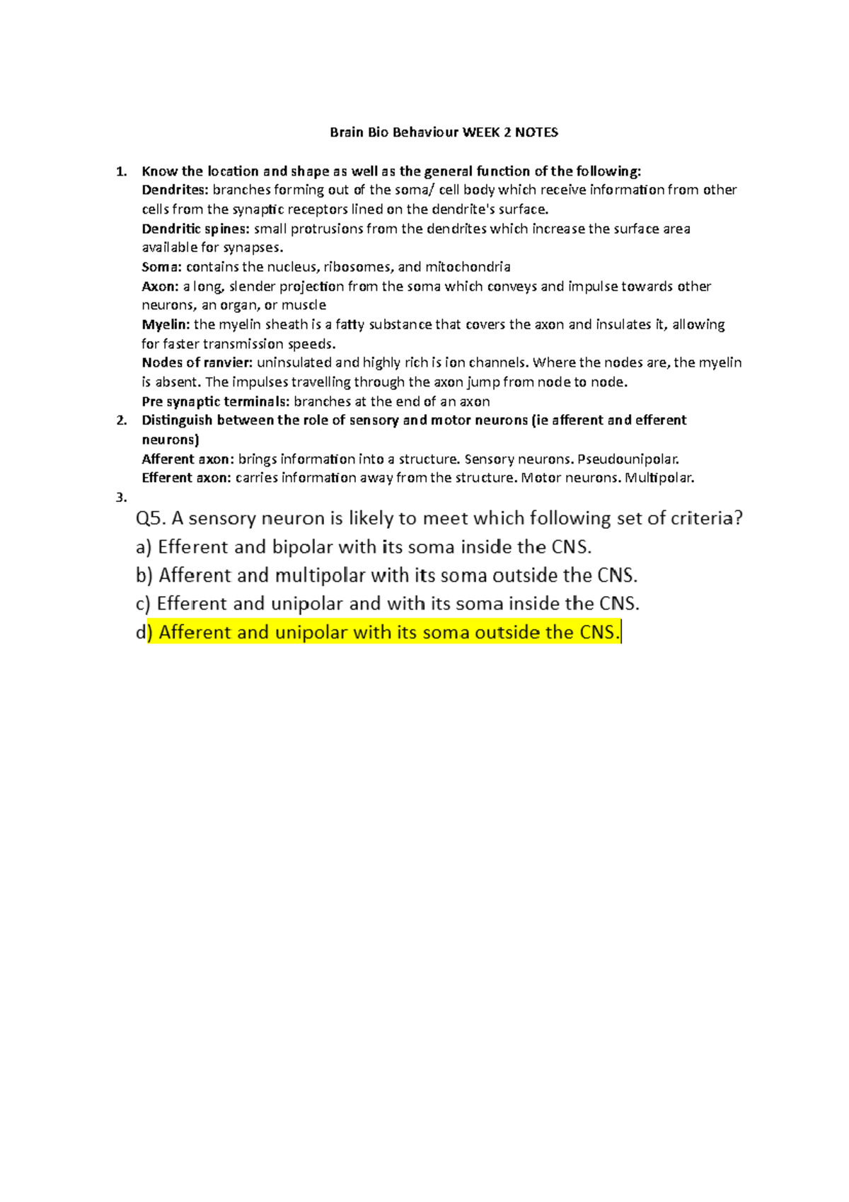 Brain Bio Behaviour WEEK 2 Notes - Brain Bio Behaviour WEEK 2 NOTES ...