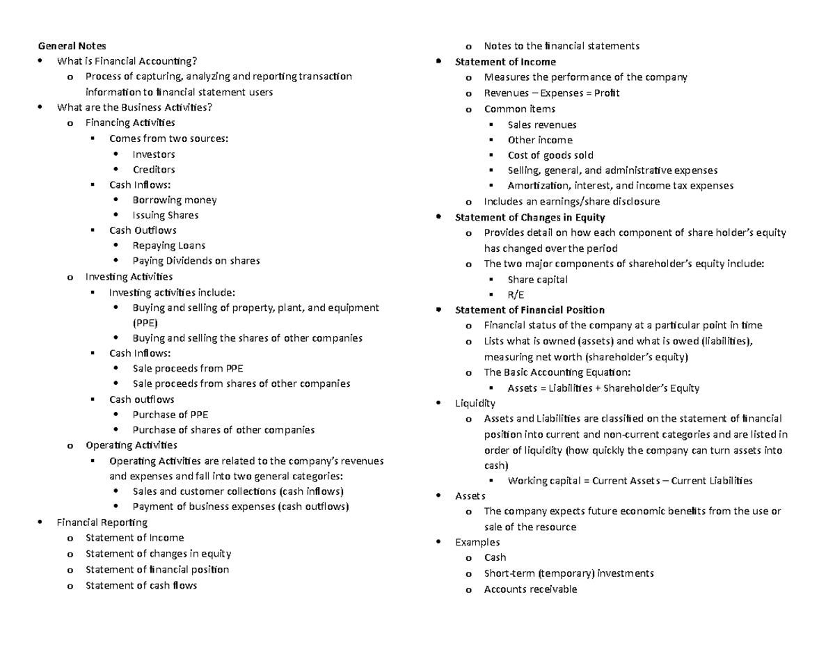 General Notes for Final Exam - General Notes What is Financial ...