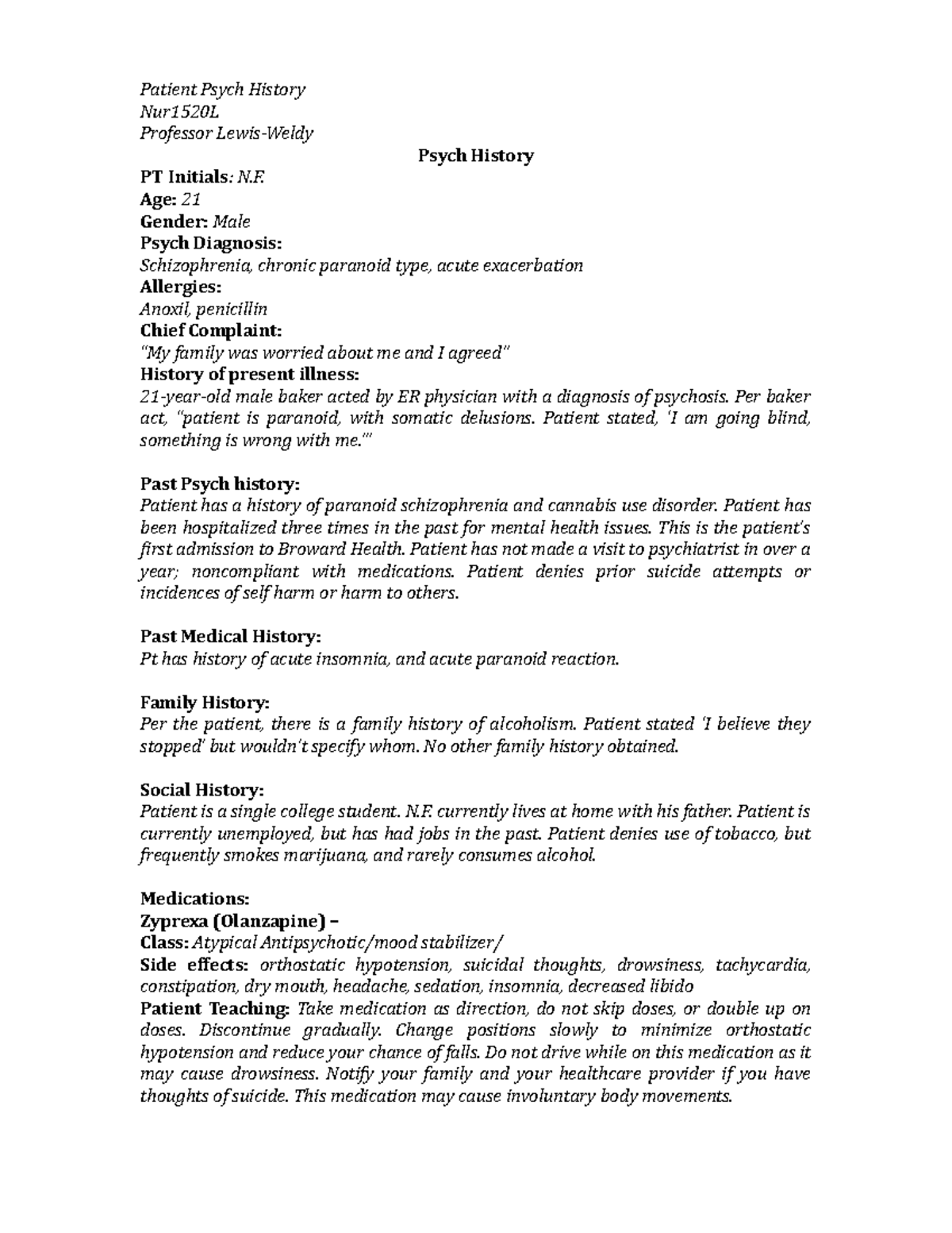 Psych History Example Patient Psych History Nur1520L Professor Lewis