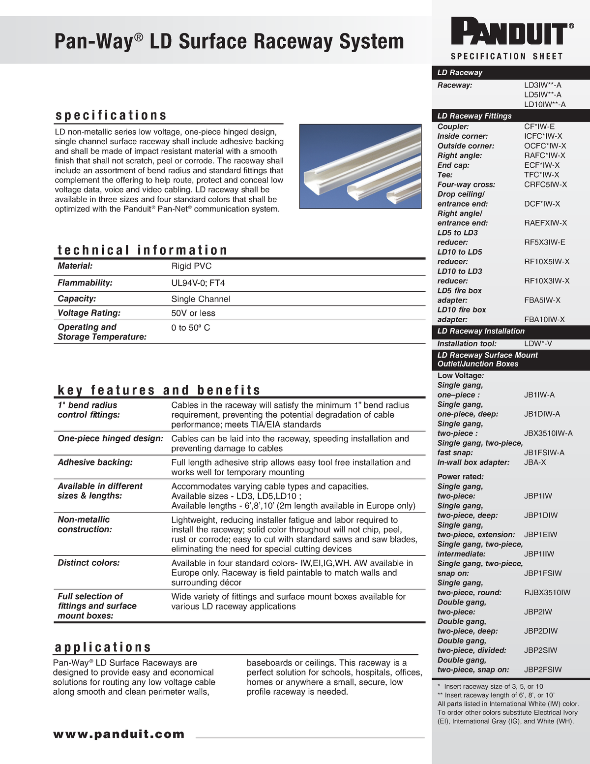 Panduit LD5 Surface Raceway - White - 6 FT - Single Piece