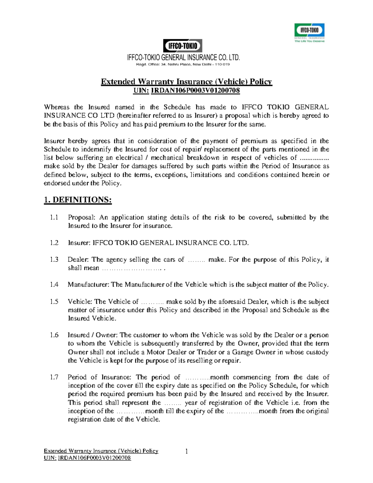 Extended warranty policy wording Extended Warranty Insurance (Vehicle