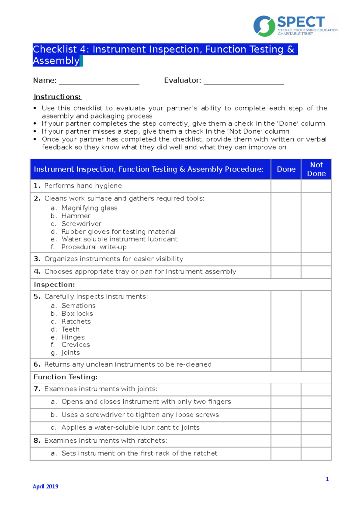 4. Instrument Assembly Checklist 4 Instrument Inspection, Function