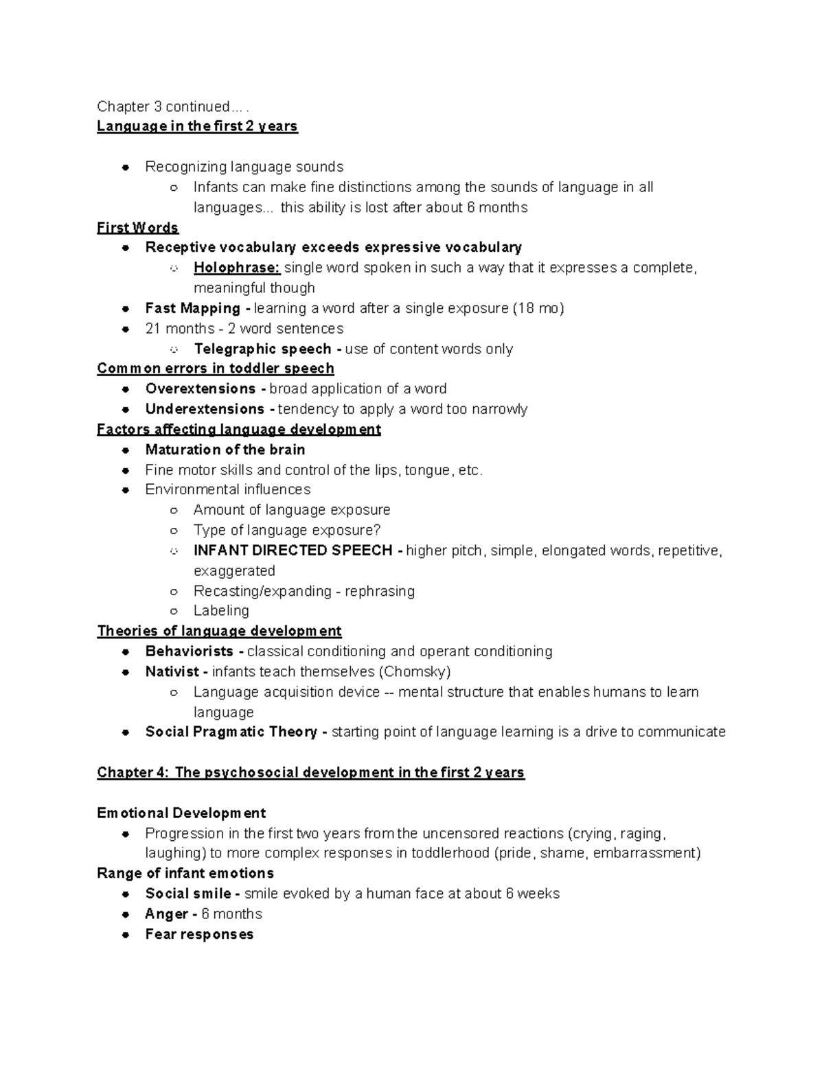 Lifespan notes - Chapter 3 continued.... Language in the first 2 years ...