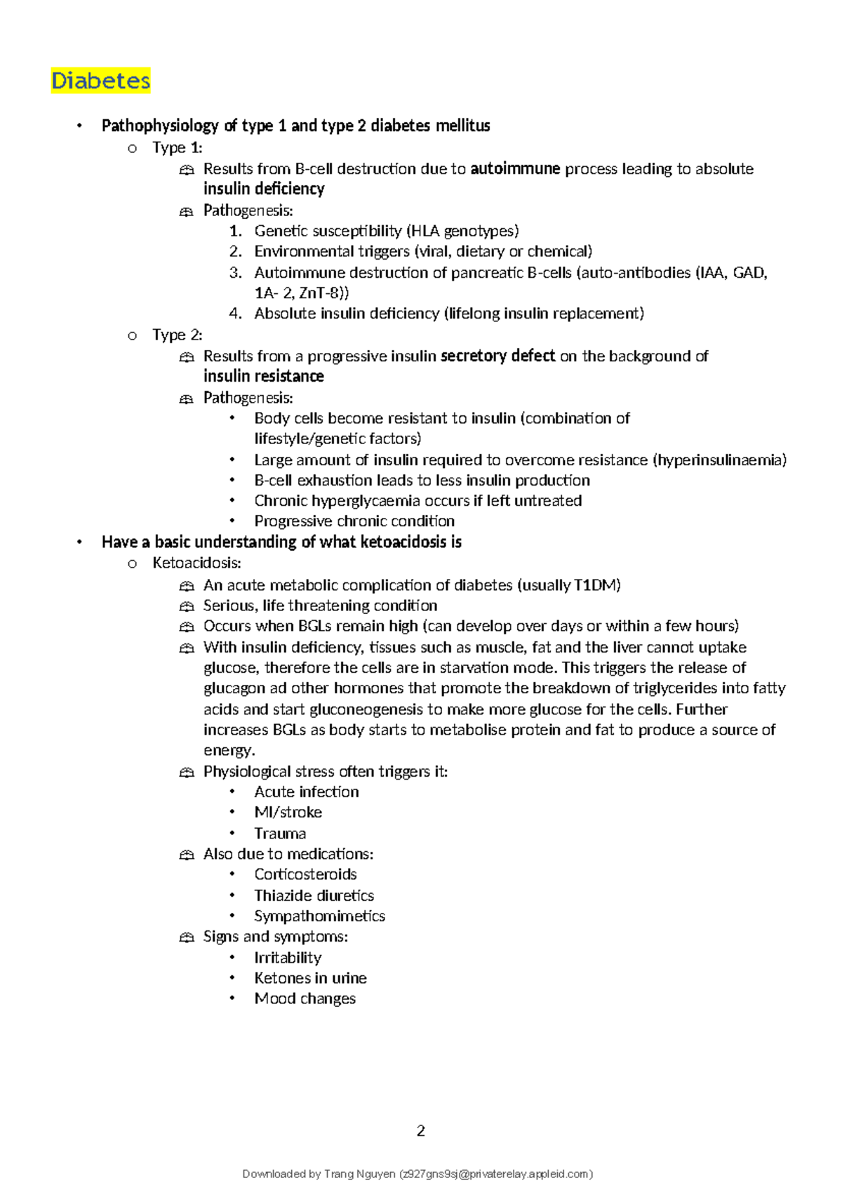 NSB231 Lecture Notes - Diabetes • Pathophysiology of type 1 and type 2 ...