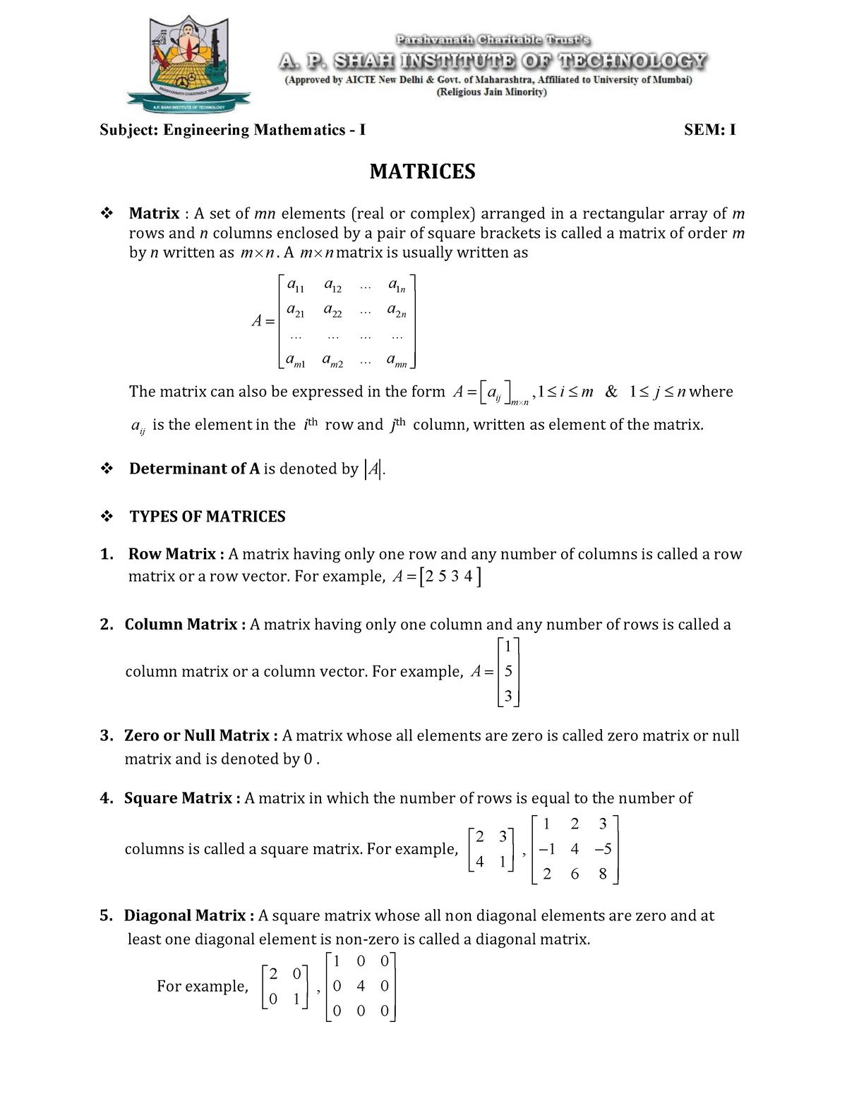 1. Matrices - Theory (1) compressed - Prof. Shweta B. Shinde & Prof ...