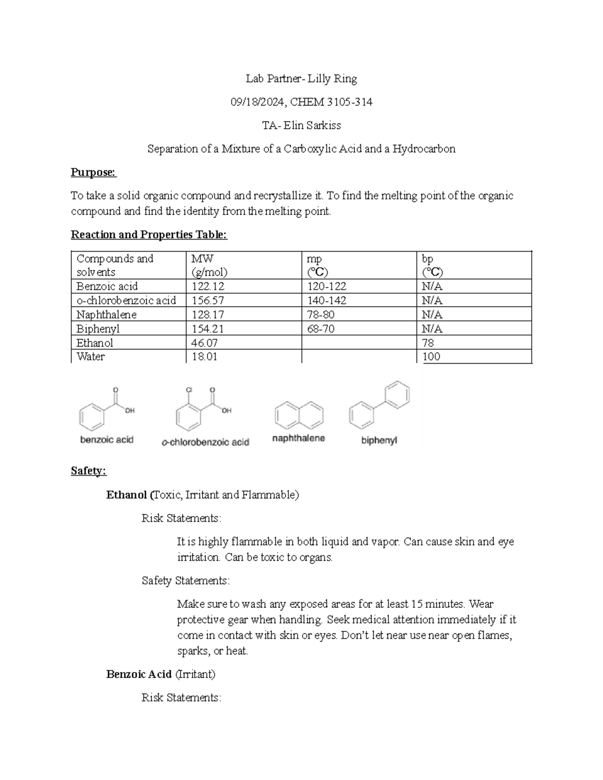 Ochem exp 3 - Lab report for experiment 3 - Lab Partner- Lilly Ring 09 ...