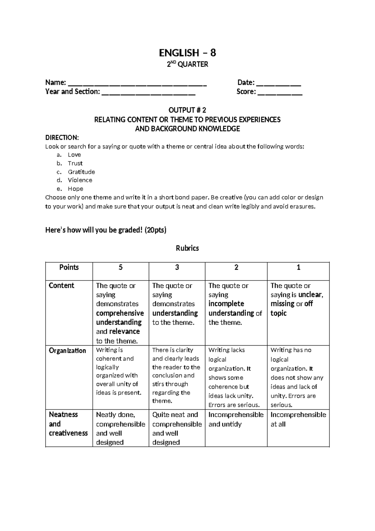 Output#2 - ASSESMENT - ENGLISH – 8 2 ND QUARTER Name
