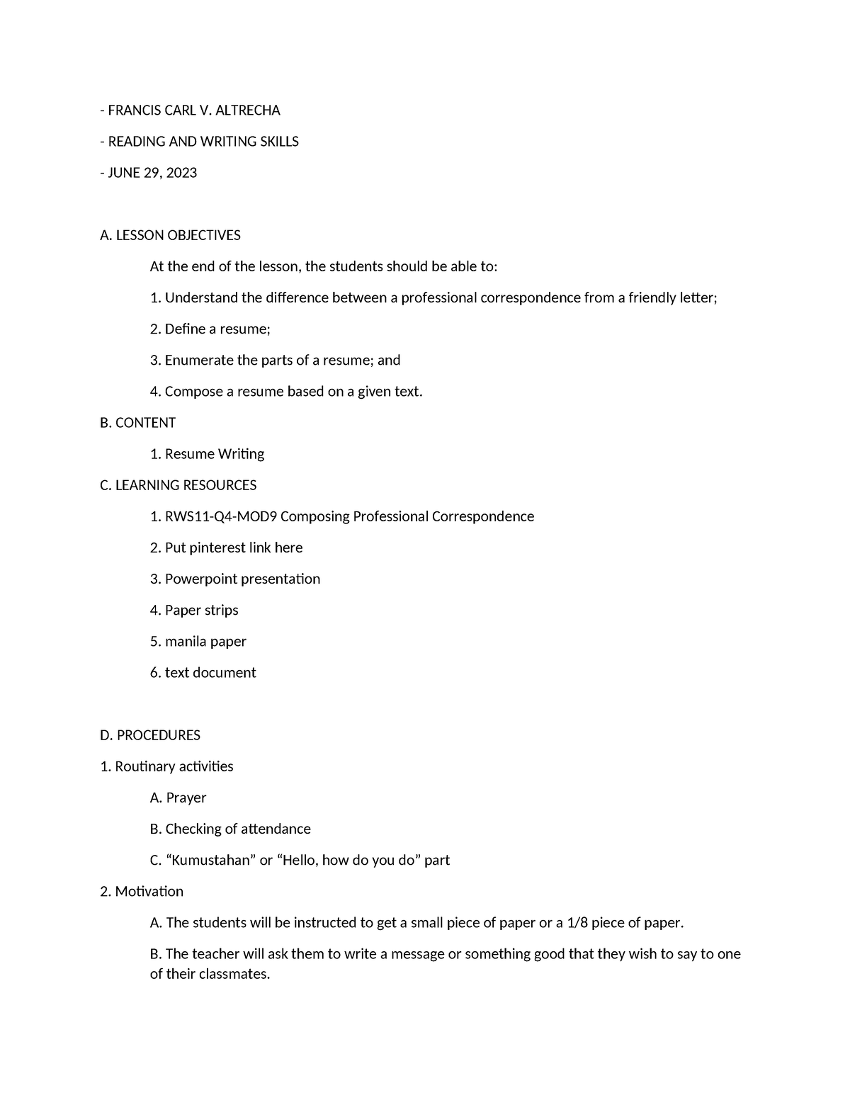 Lesson plan - Outlining. Roman and decimal otlining. Sentences ...